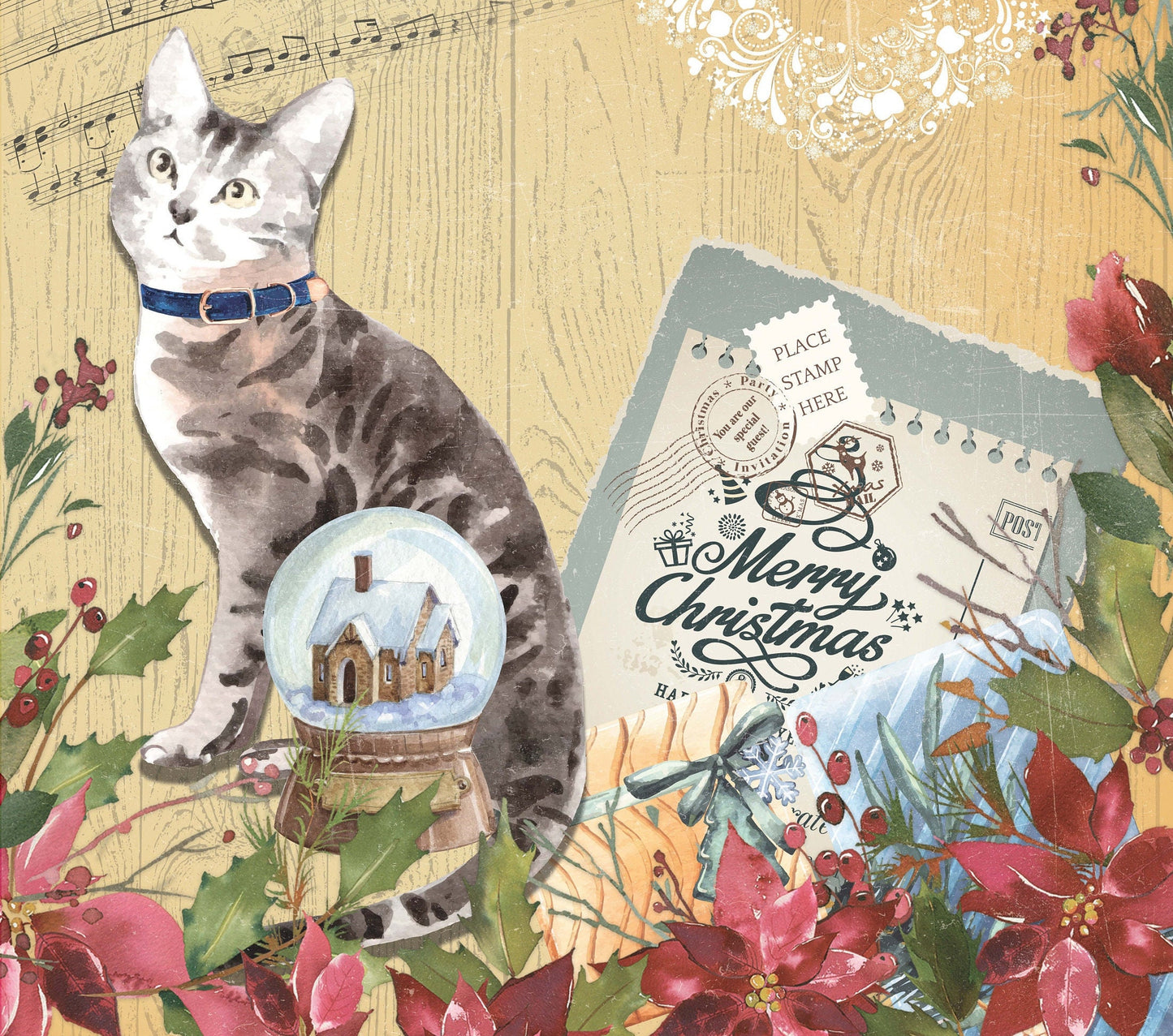 Lovely Cat - Vintage Merry Christmas - Decorative Christmas Paper - Decoupage for Furniture - Large Size Rice Paper for Decoupage