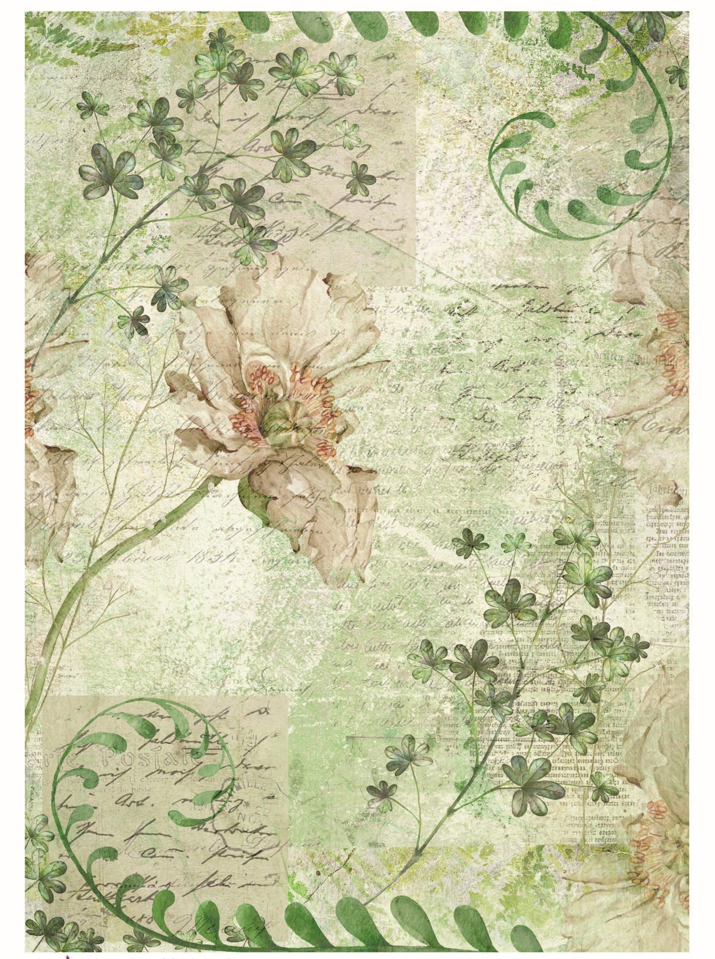 White Green Floral Decoupage - Decoupage Art - Large Size Rice Paper for Decoupage - Decoupage Crafts
