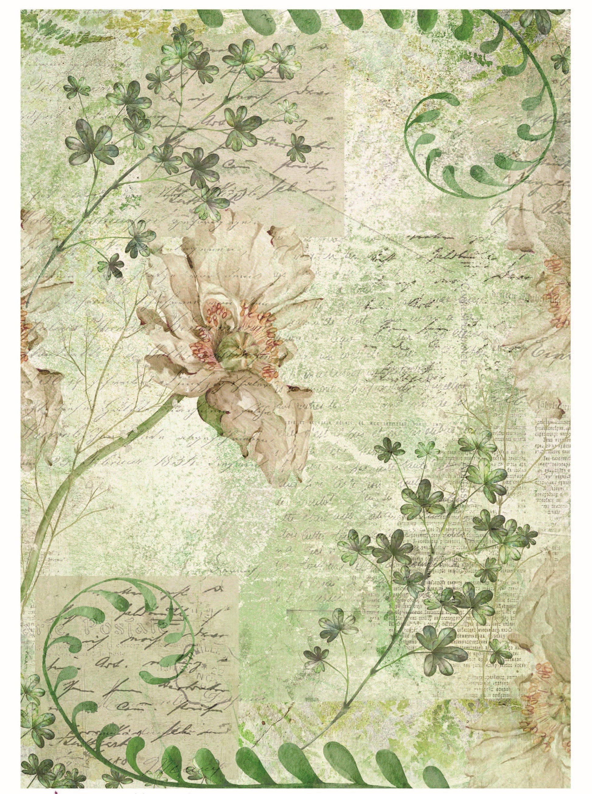 White Green Floral Decoupage - Decoupage Art - Large Size Rice Paper for Decoupage - Decoupage Crafts