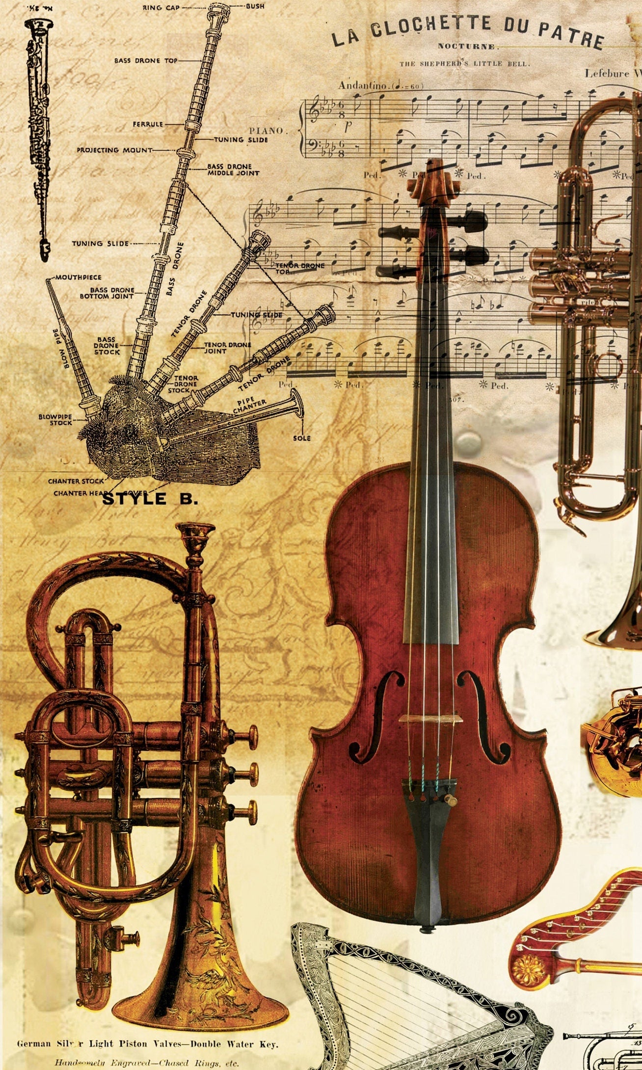 Musical Instruments Vintage Decoupage Paper - Decoupage Art - Large Size Rice Paper for Decoupage - A3 A2 A1