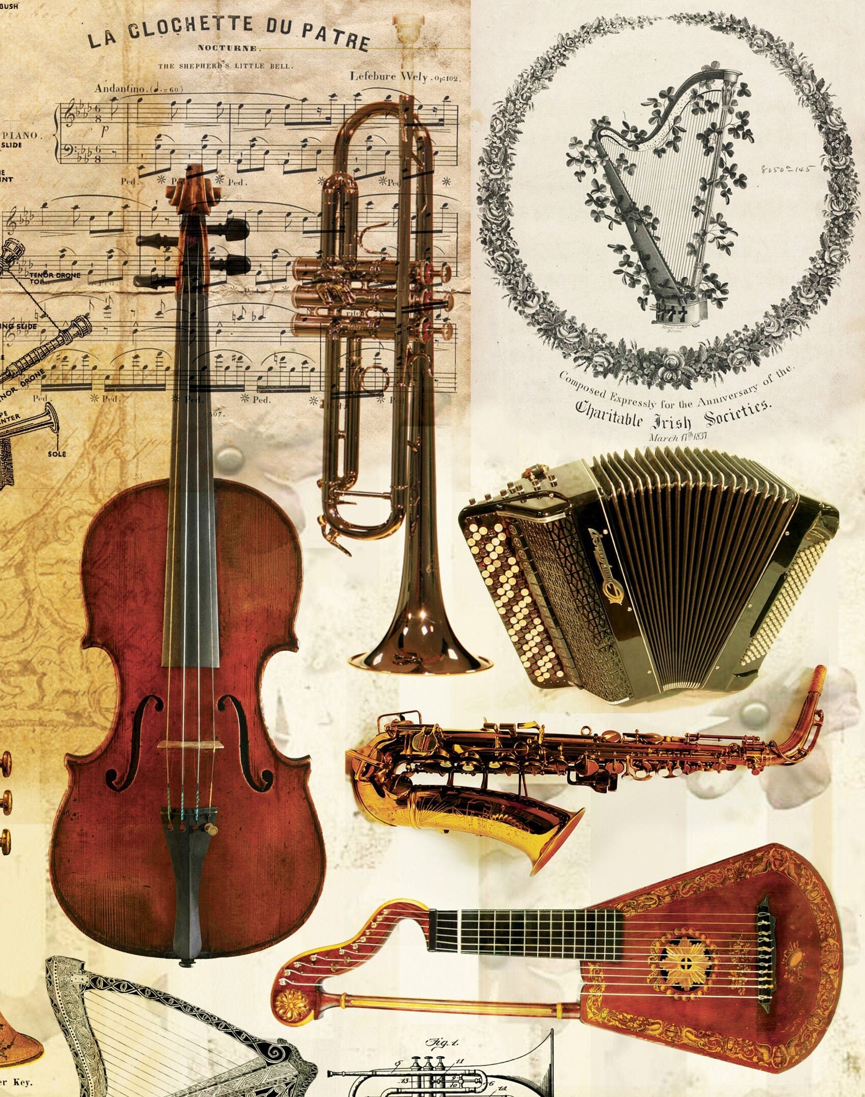 Musical Instruments Vintage Decoupage Paper - Decoupage Art - Large Size Rice Paper for Decoupage - A3 A2 A1