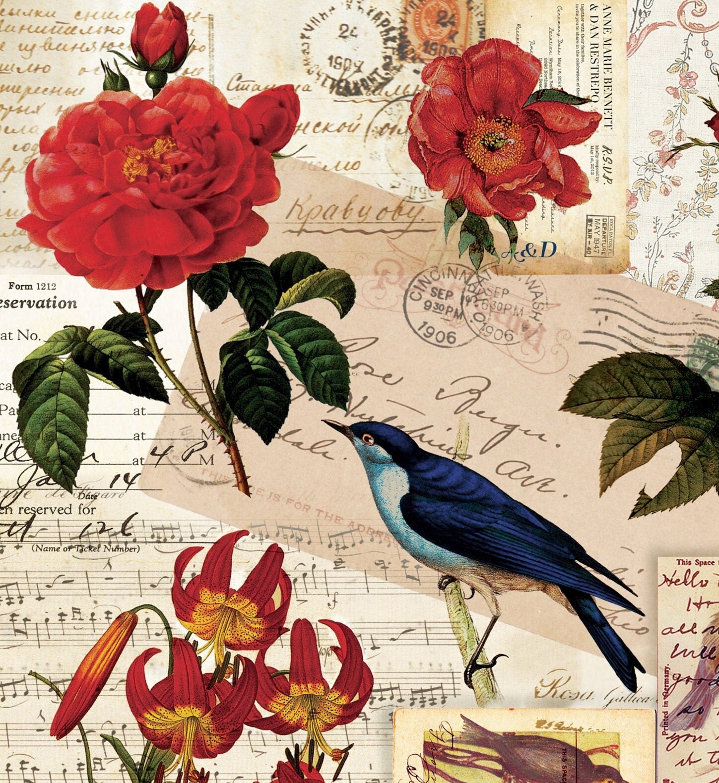 Birds Flowers Vintage Decoupage Paper - Decoupage Art - Large Size Rice Paper for Decoupage - A3 A2 A1