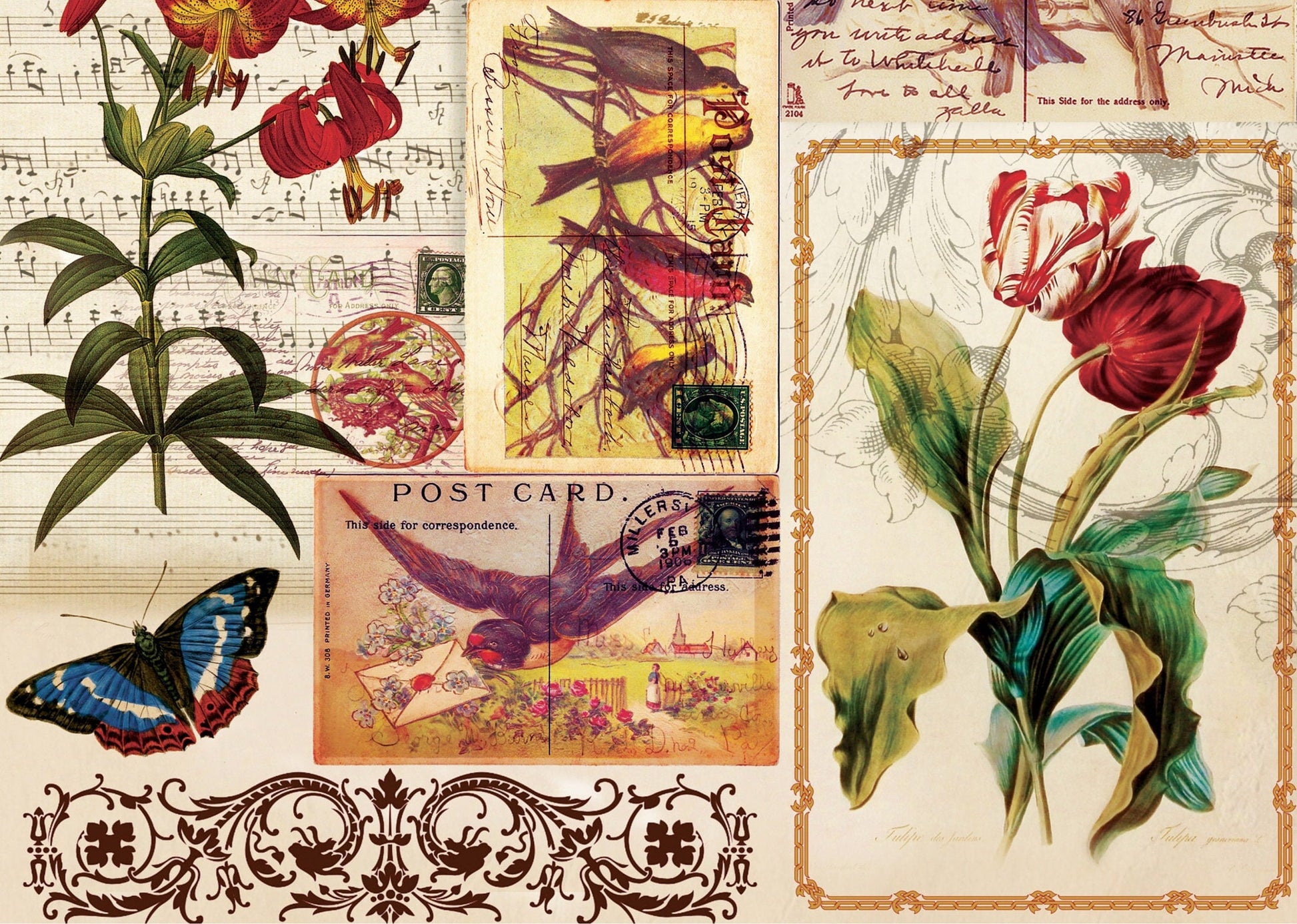Birds Flowers Vintage Decoupage Paper - Decoupage Art - Large Size Rice Paper for Decoupage - A3 A2 A1