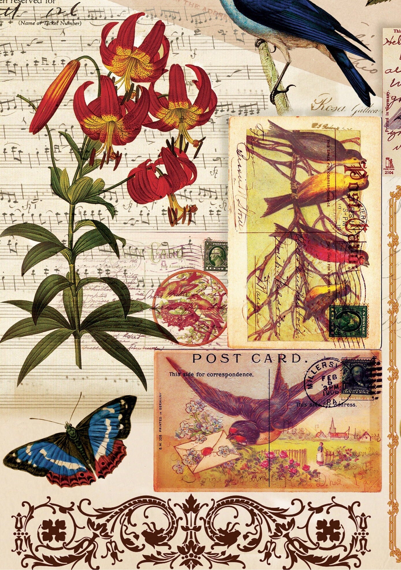 Birds Flowers Vintage Decoupage Paper - Decoupage Art - Large Size Rice Paper for Decoupage - A3 A2 A1