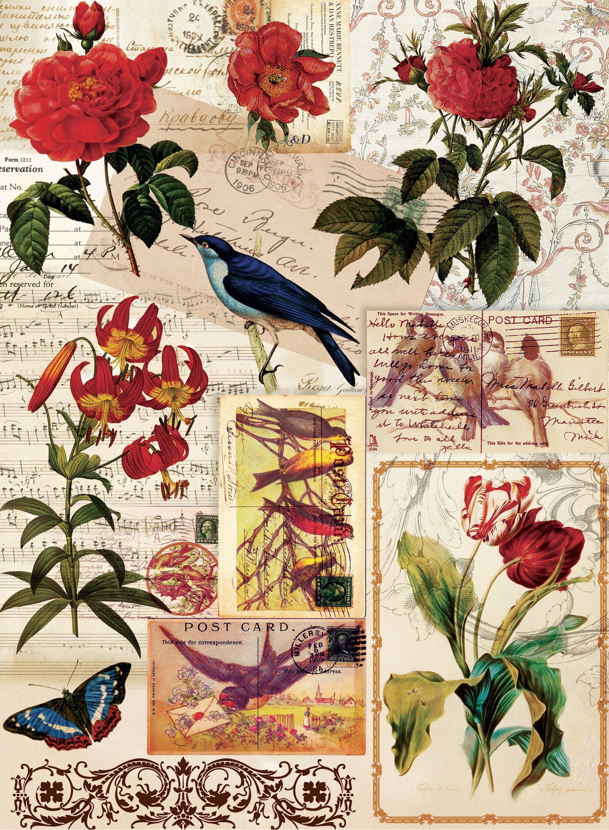 Birds Flowers Vintage Decoupage Paper - Decoupage Art - Large Size Rice Paper for Decoupage - A3 A2 A1
