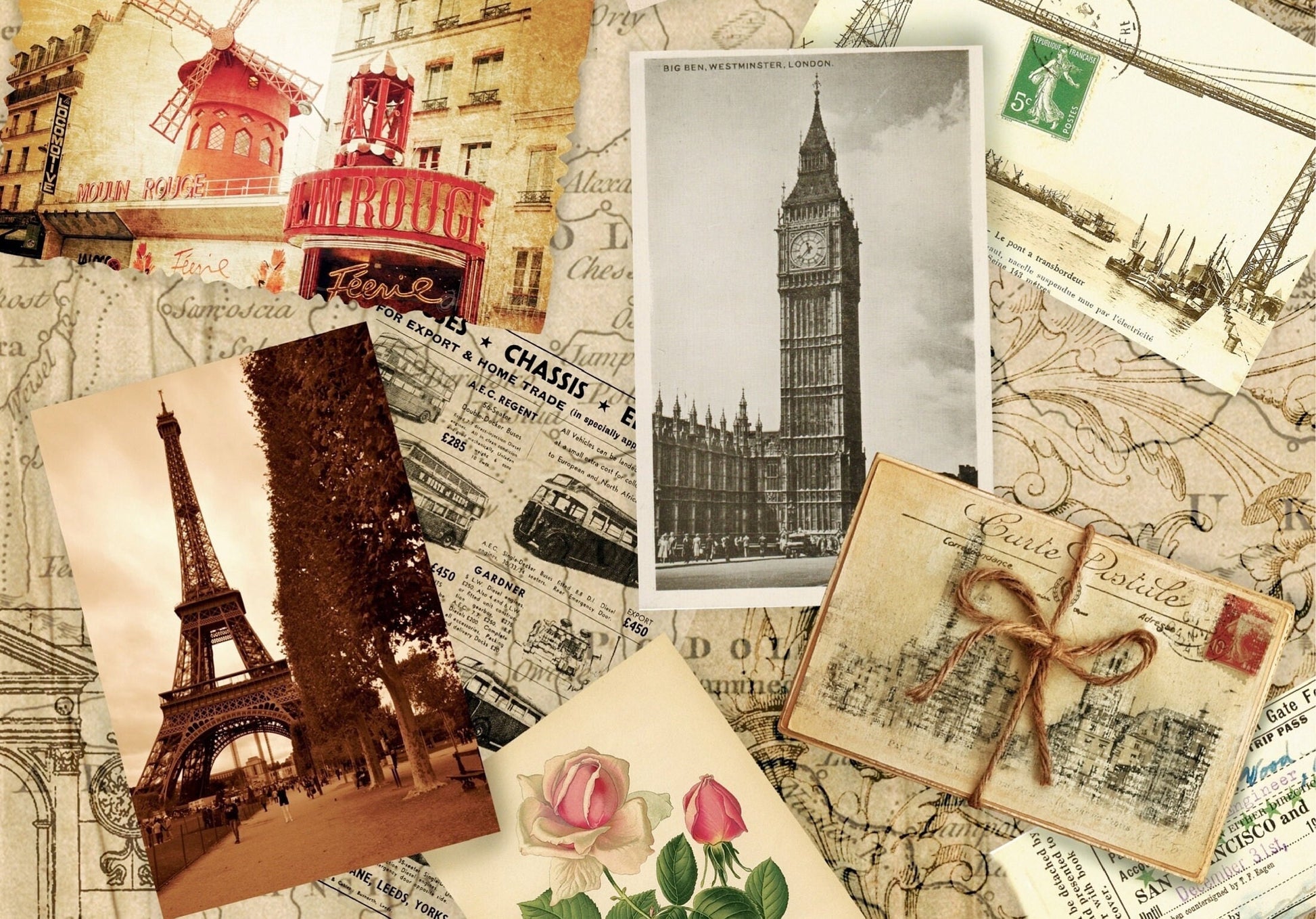 London Paris Vintage Decoupage Paper - Decoupage Art - Large Size Rice Paper for Decoupage - A3 A2 A1