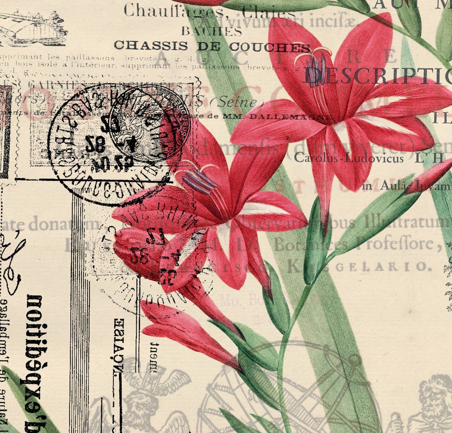 Red Flowers Newspaper Vintage Decoupage Paper - Decoupage Art - Large Size Rice Paper for Decoupage - A3 A2 A1 A0