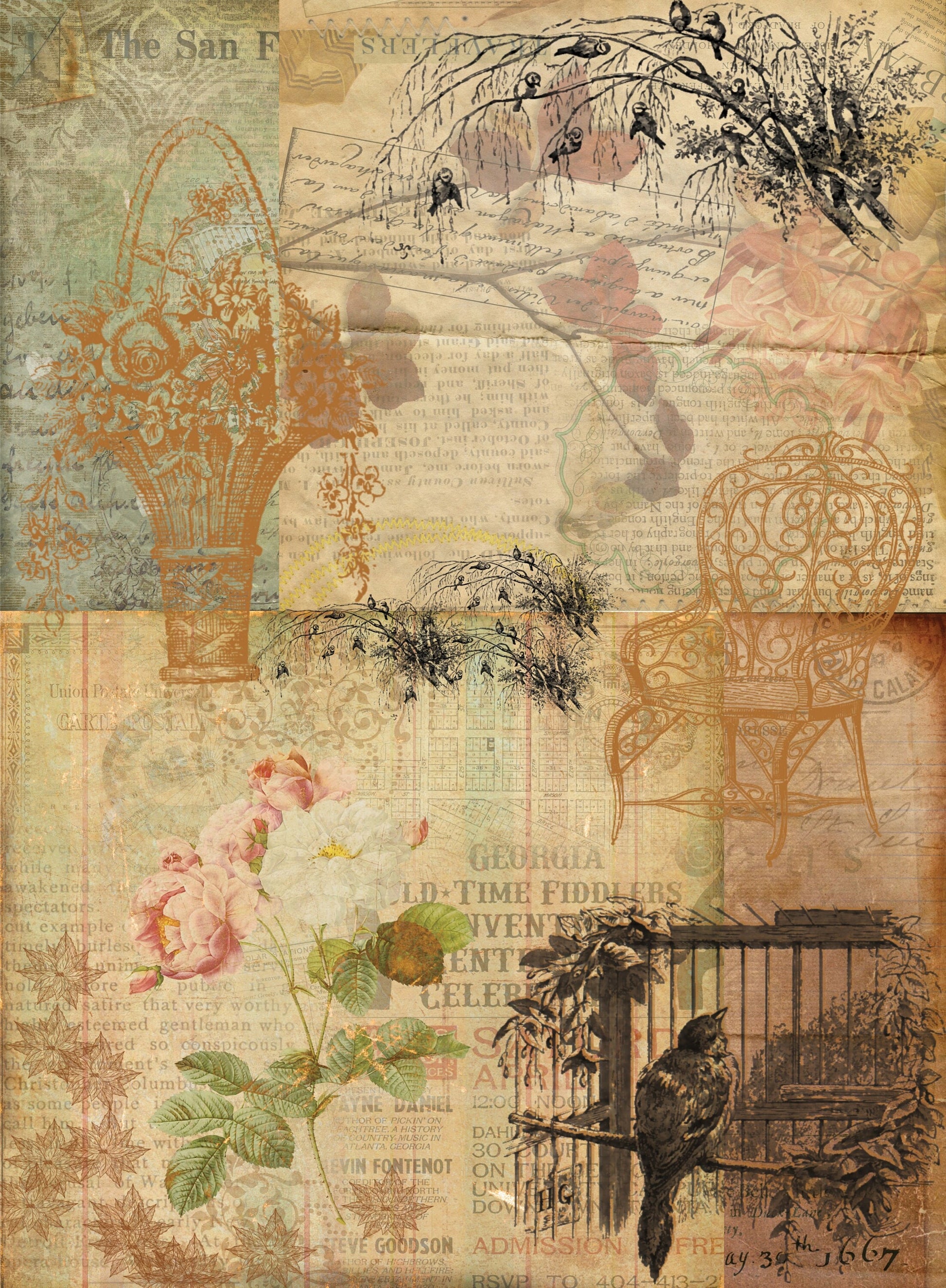 Rose & Birds Decoupage Paper - Decoupage Art - Large Size Rice Paper for Decoupage - A3 A2 A1 A0