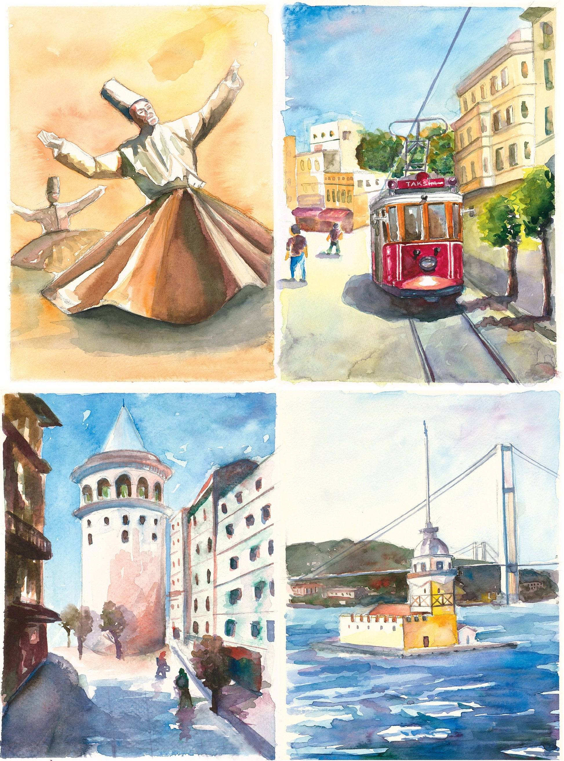 Istanbul Rumi Galata Watercolor Decoupage Paper - Decoupage Art - Large Size Rice Paper for Decoupage