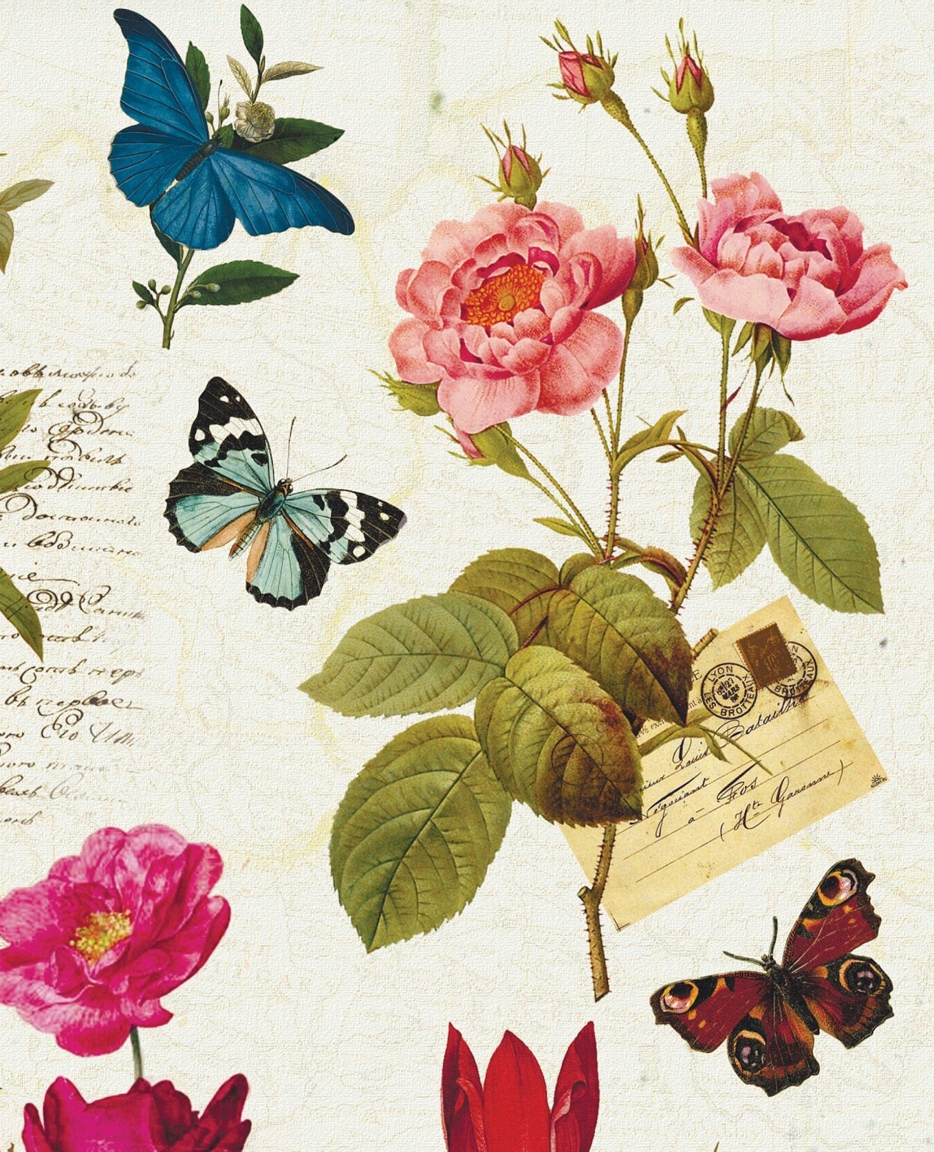 Spring Flowers Vintage Decoupage Paper - Decoupage Art - Large Size Rice Paper for Decoupage - Decoupage Transfers - A3 A2 A1