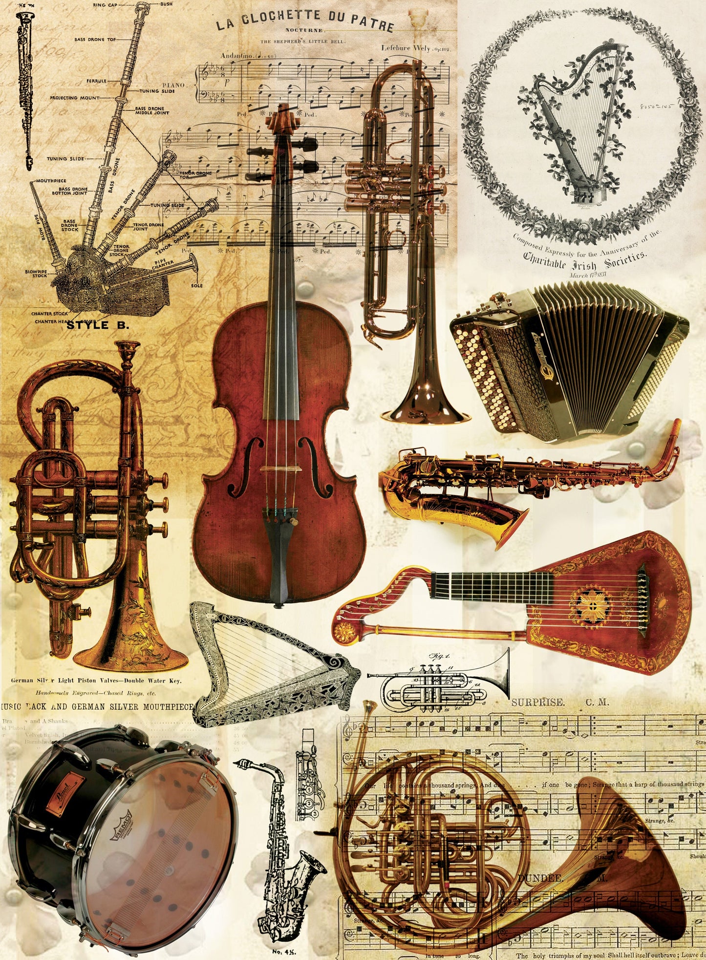 Musical Instruments Vintage Decoupage Paper - Decoupage Art - Large Size Rice Paper for Decoupage - A3 A2 A1