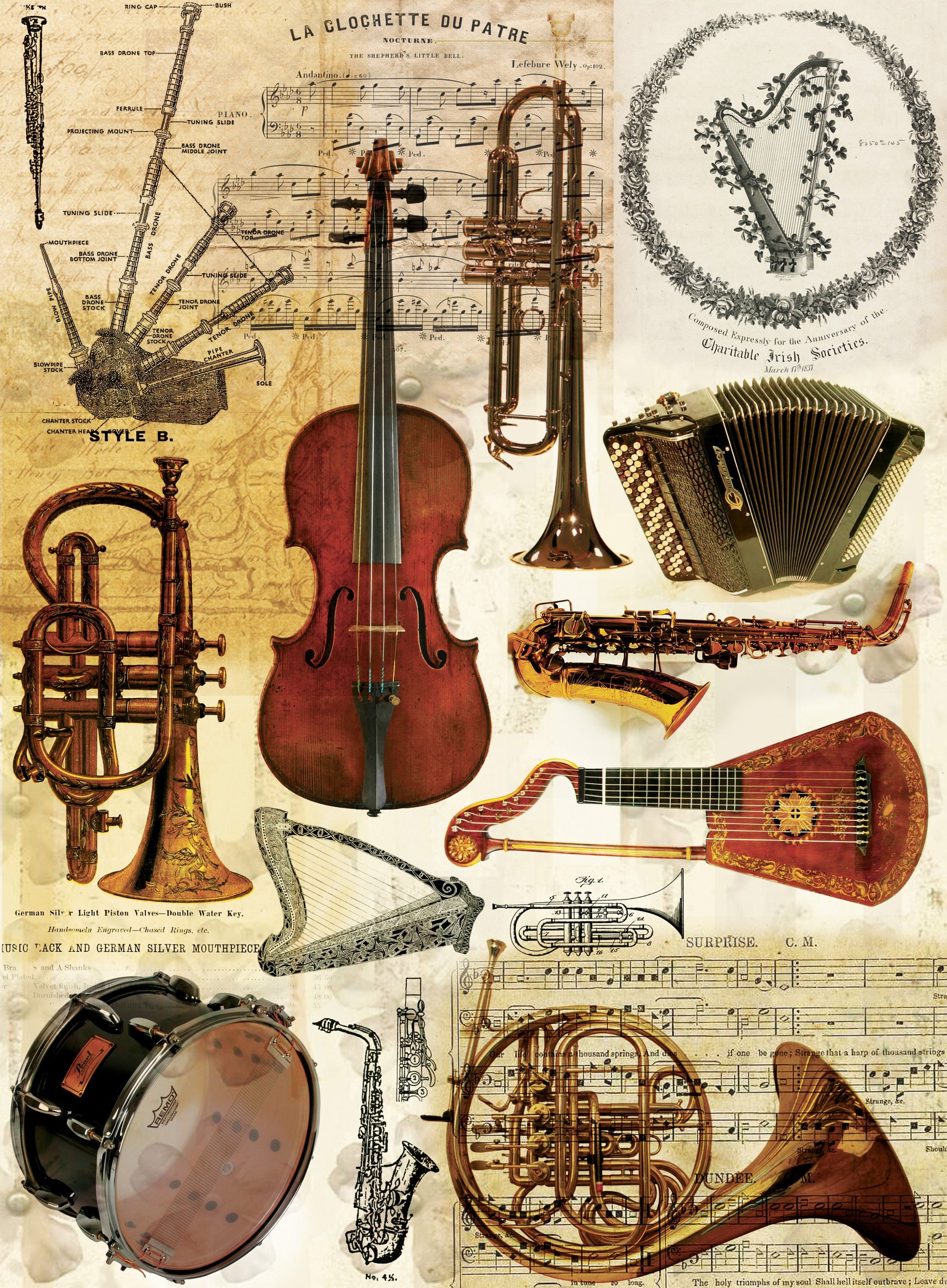 Musical Instruments Vintage Decoupage Paper - Decoupage Art - Large Size Rice Paper for Decoupage - A3 A2 A1