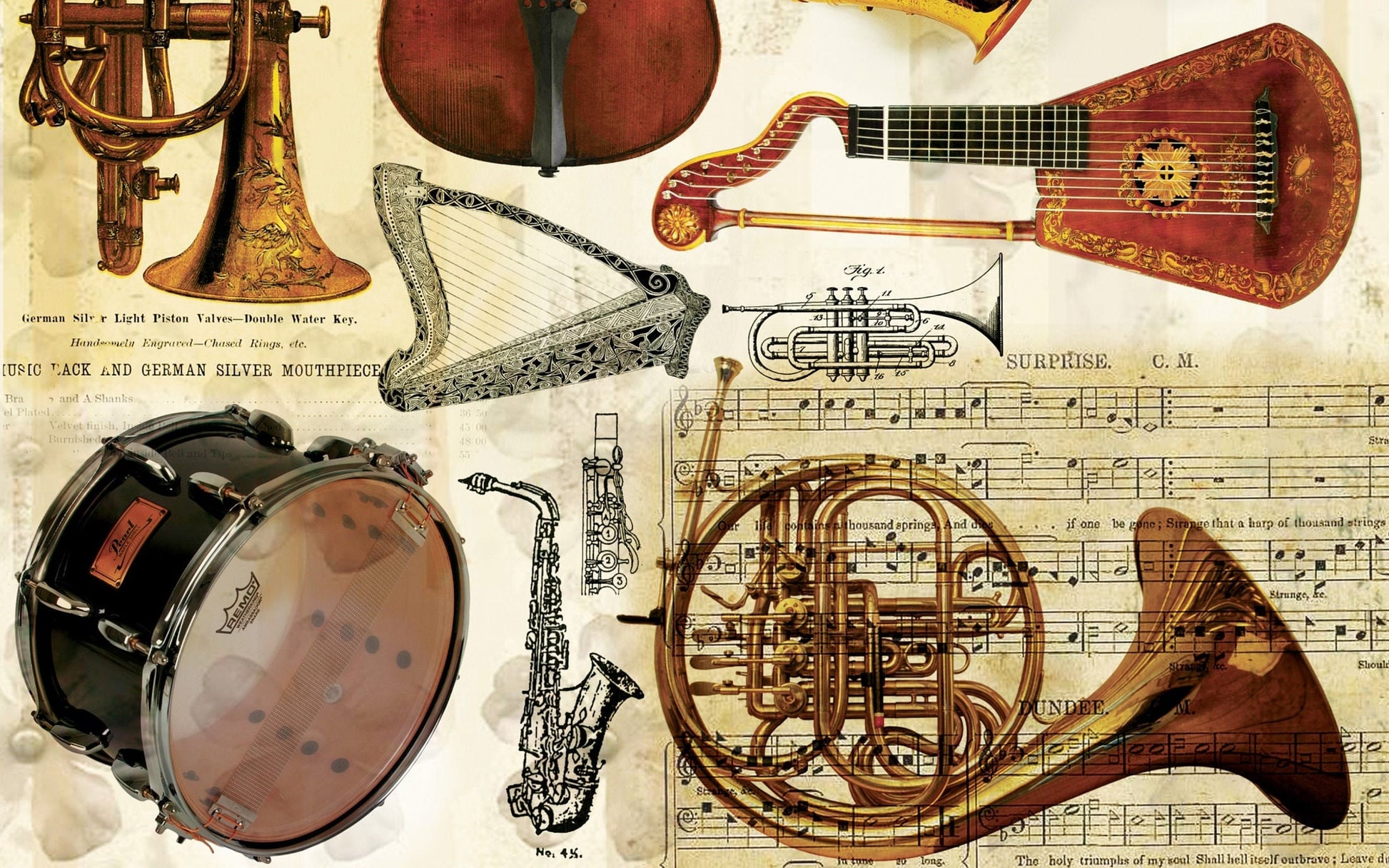 Musical Instruments Vintage Decoupage Paper - Decoupage Art - Large Size Rice Paper for Decoupage - A3 A2 A1