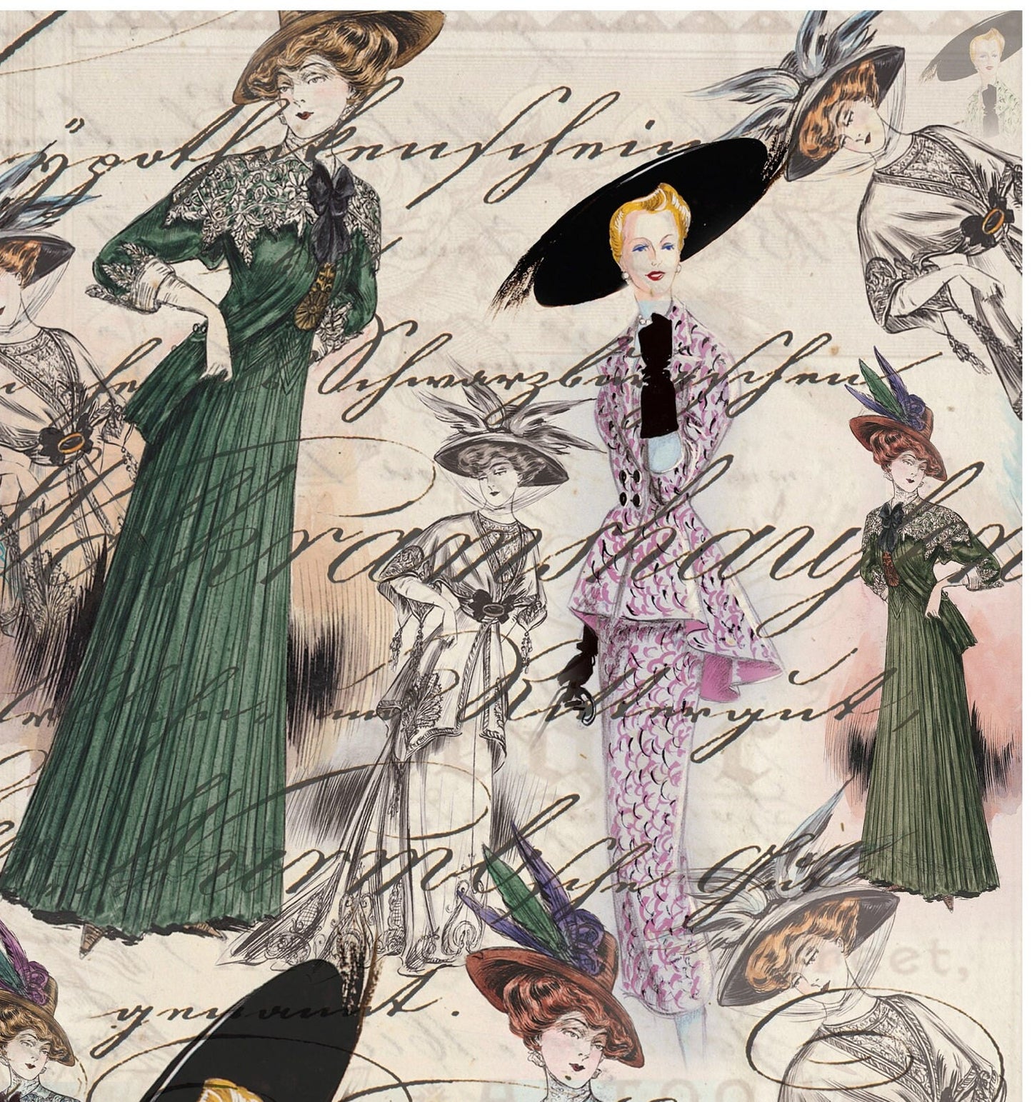 Ladies with Hat Decoupage Paper - Decoupage Art - Large Size Rice Paper for Decoupage