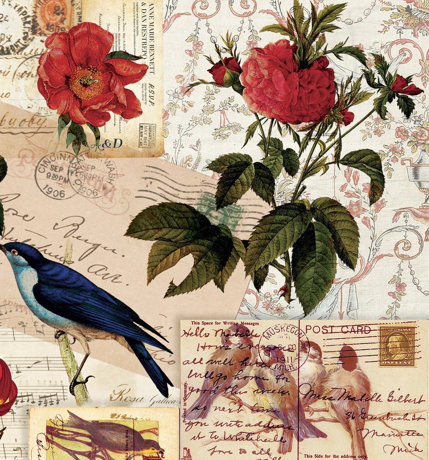 Birds Flowers Vintage Decoupage Paper - Decoupage Art - Large Size Rice Paper for Decoupage - A3 A2 A1