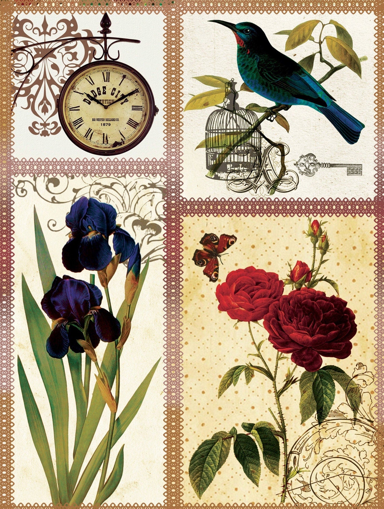 Birds Flowers Vintage Decoupage Paper - Decoupage Art - Large Size Rice Paper for Decoupage - A3 A2 A1 A0