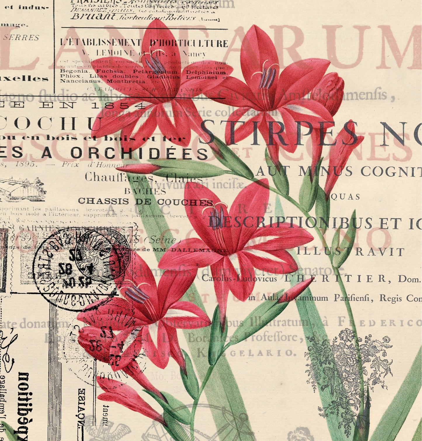 Red Flowers Newspaper Vintage Decoupage Paper - Decoupage Art - Large Size Rice Paper for Decoupage - A3 A2 A1 A0