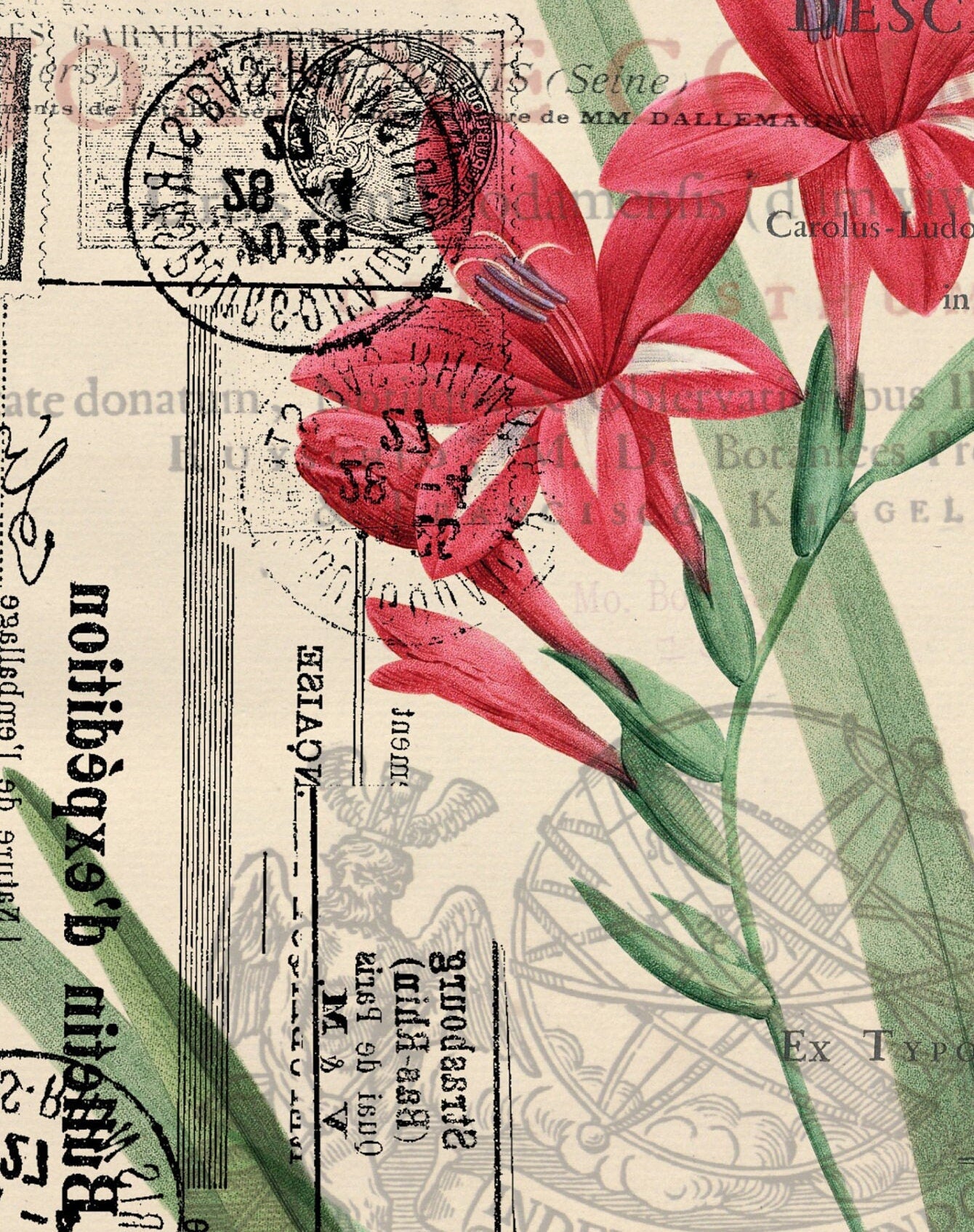 Red Flowers Newspaper Vintage Decoupage Paper - Decoupage Art - Large Size Rice Paper for Decoupage - A3 A2 A1 A0