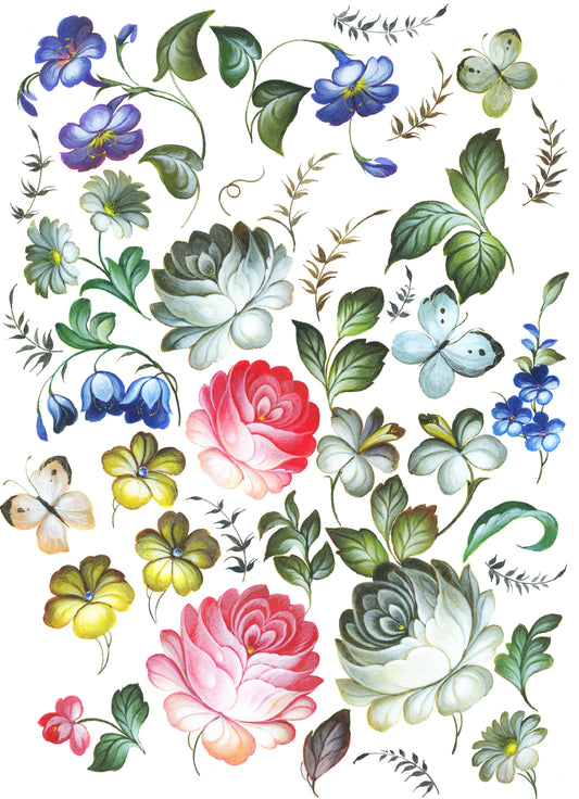 Large Decoupage Paper for Furniture - Decoupage Art - Rice Paper for Decoupage - Blue, Red & Green Flowers Decoupage