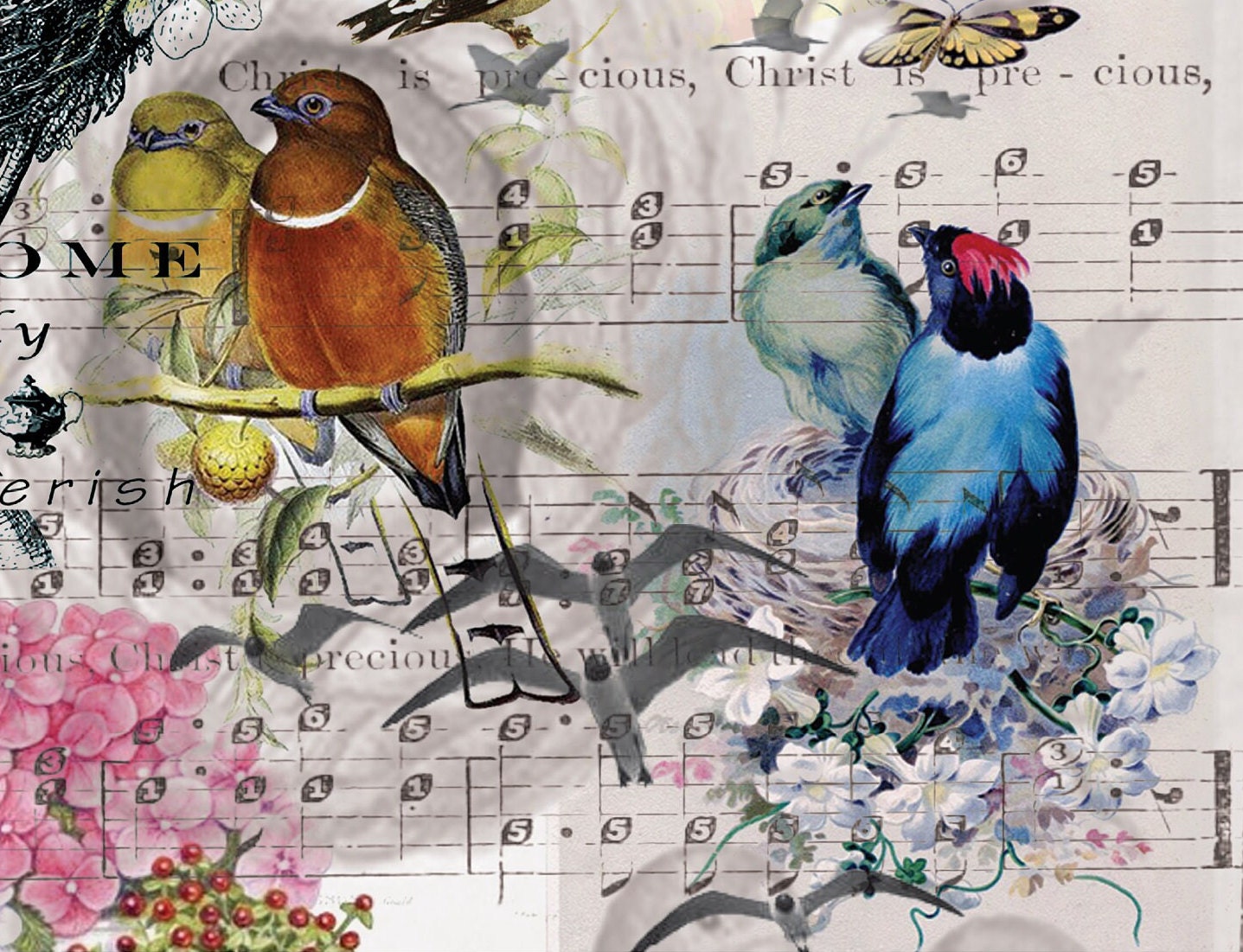Large Decoupage Paper - Decoupage Art - Rice Paper for Decoupage - Black Blue Orange Green Birds