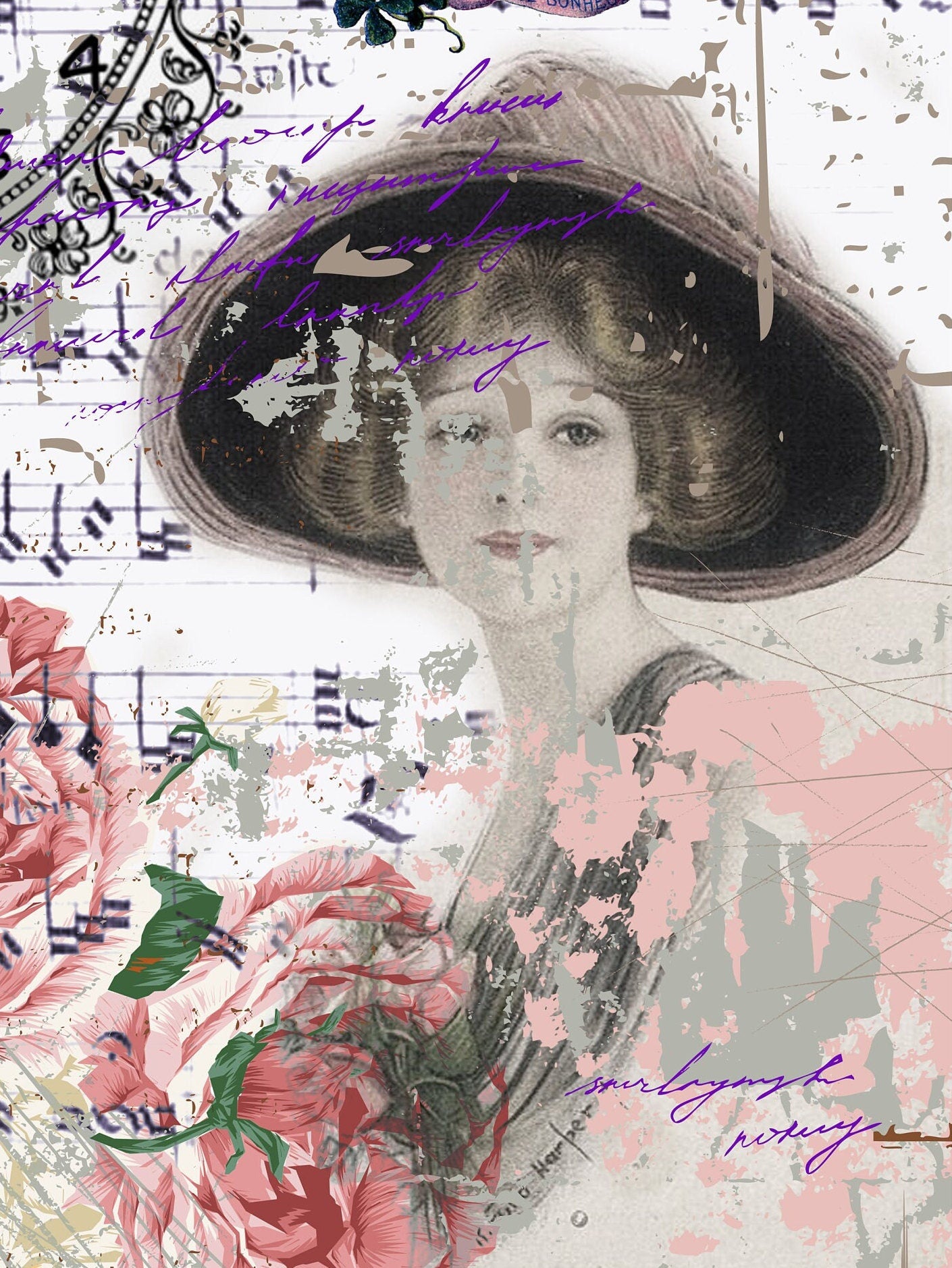 Large Decoupage Paper - Decoupage Art - Rice Paper for Decoupage - Pink Roses Woman