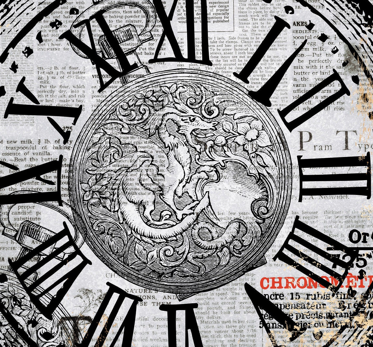 Large Decoupage Paper - Decoupage Art - Rice Paper for Decoupage - Vintage Decoupage - Old Clock
