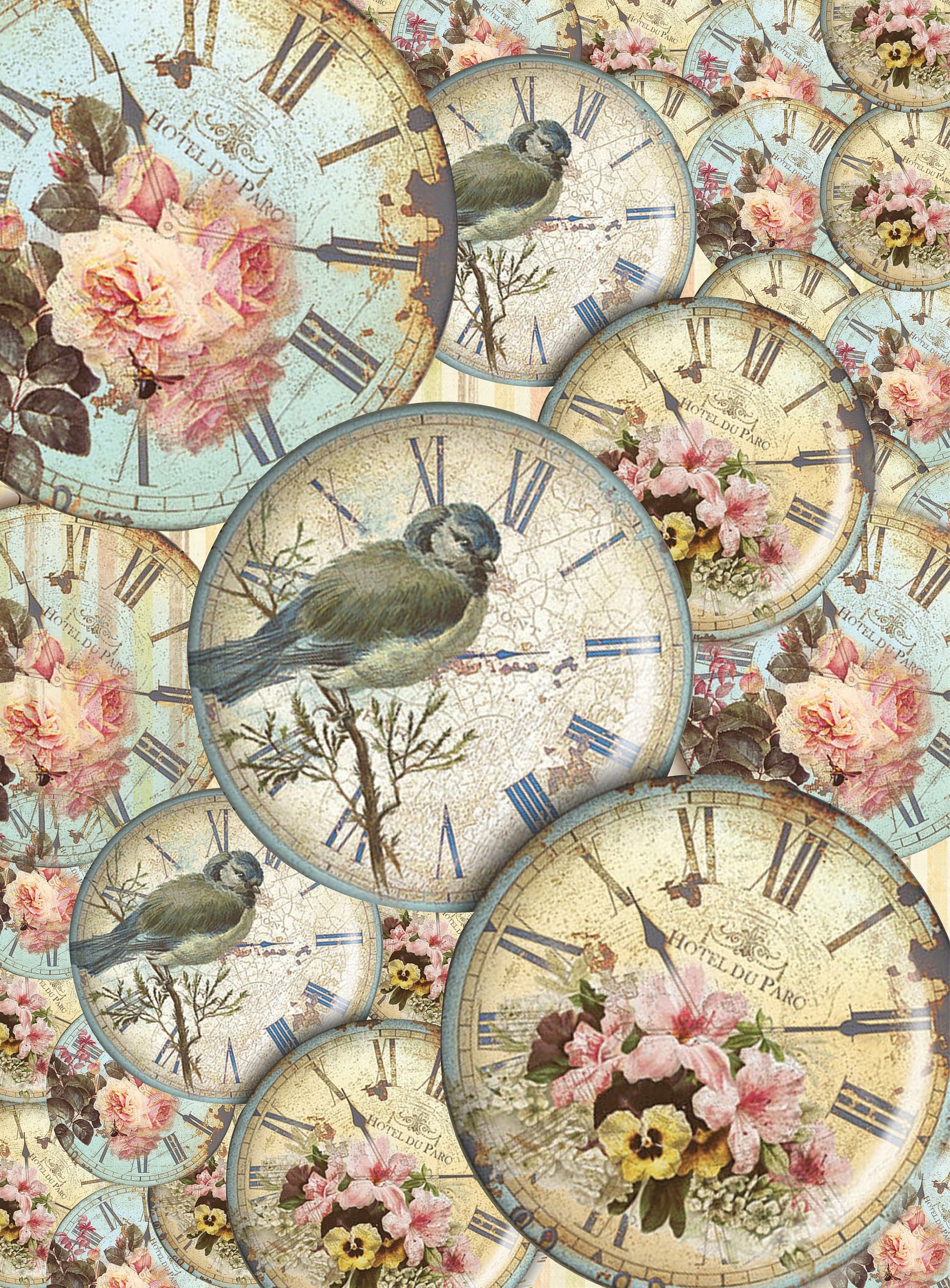 Large Decoupage Paper - Decoupage Art - Rice Paper for Decoupage - Vintage Decoupage - Green Bird Old Clock