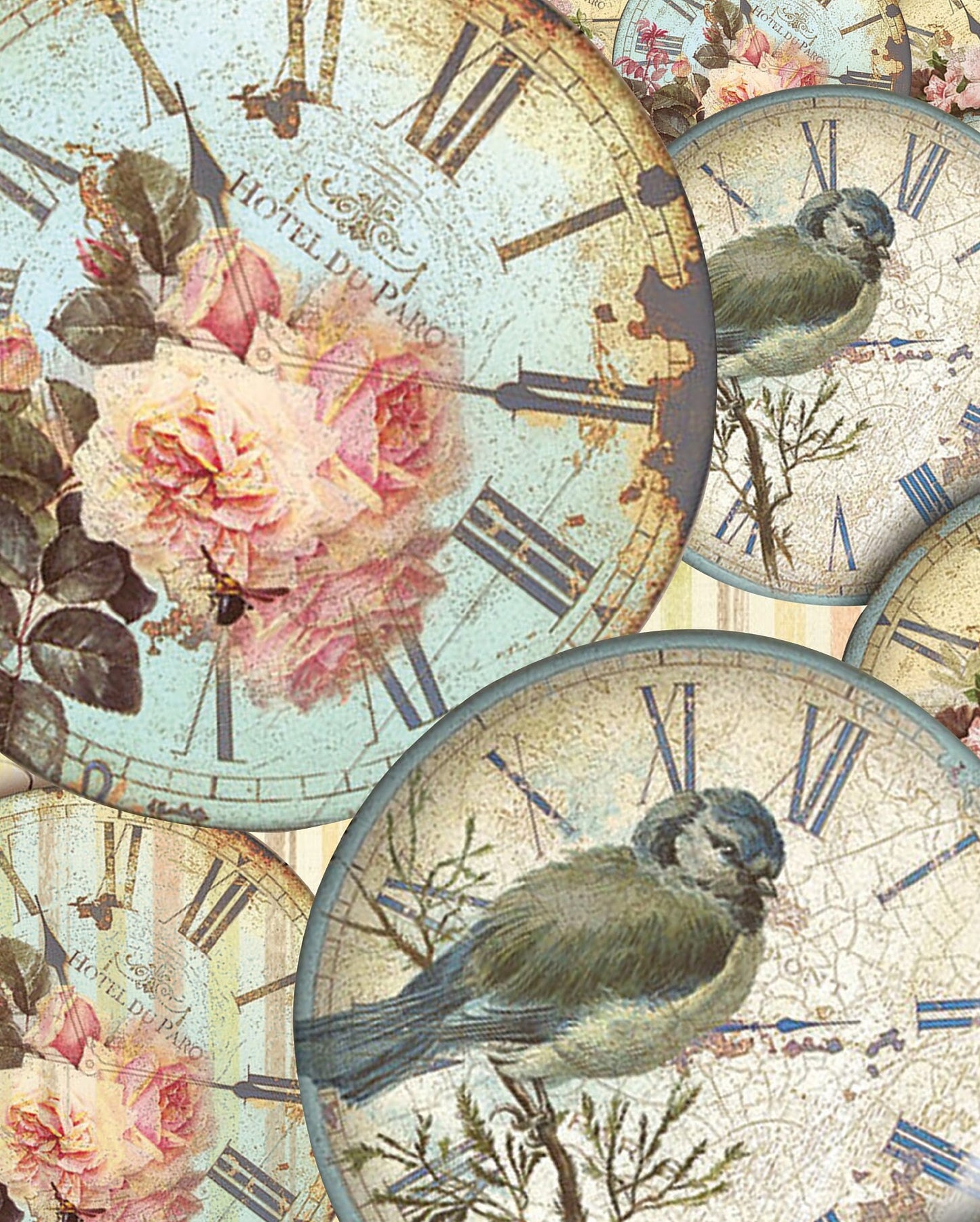 Large Decoupage Paper - Decoupage Art - Rice Paper for Decoupage - Vintage Decoupage - Green Bird Old Clock