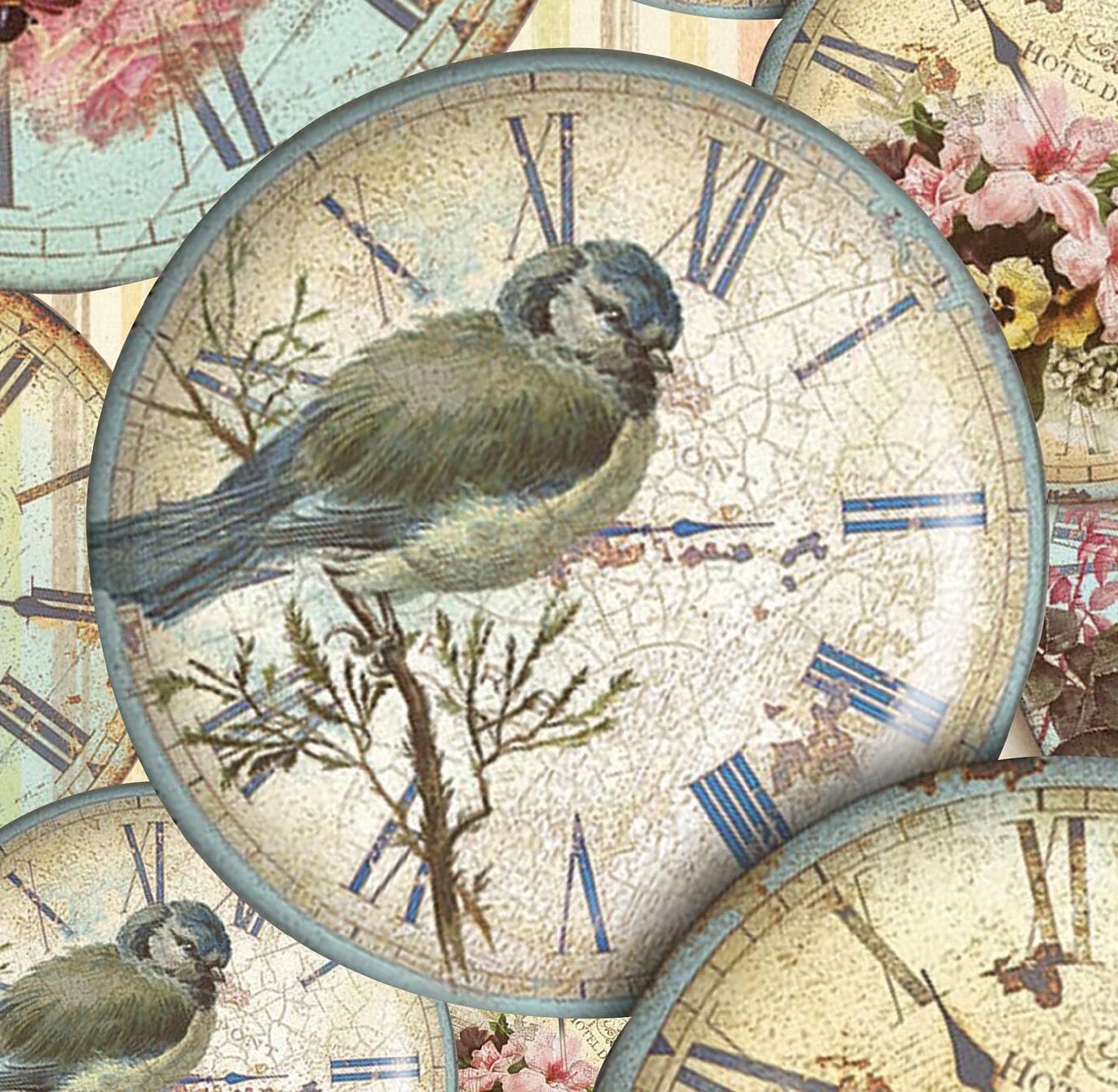 Large Decoupage Paper - Decoupage Art - Rice Paper for Decoupage - Vintage Decoupage - Green Bird Old Clock