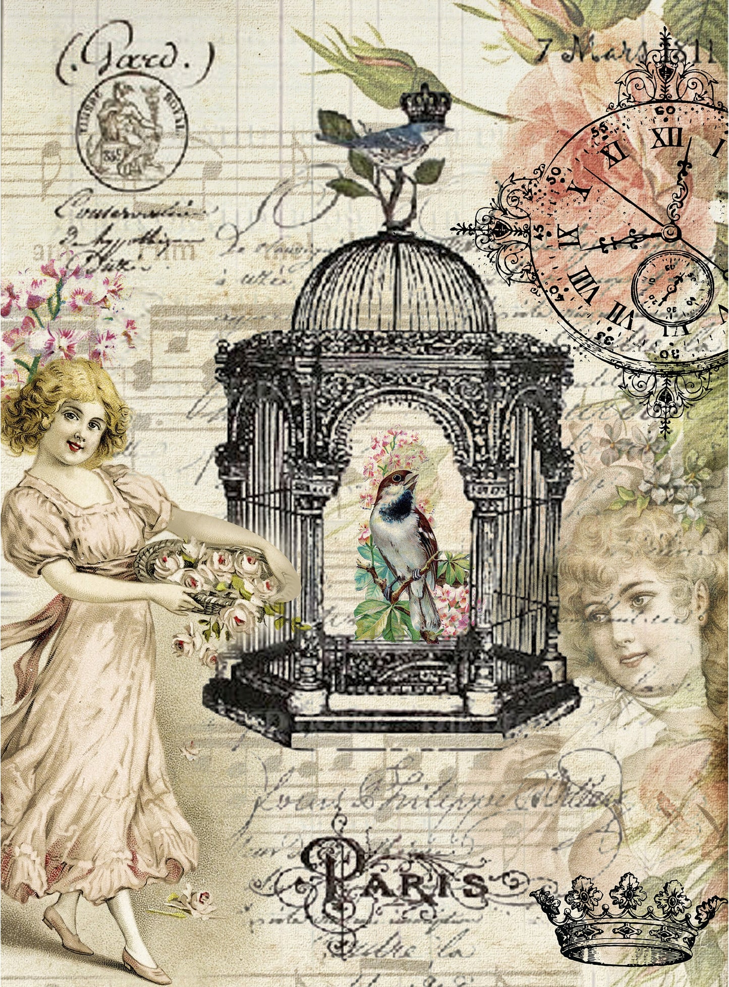 Large Decoupage Paper - Decoupage Art - Rice Paper for Decoupage - Vintage Decoupage - Little Girl Bird Nest