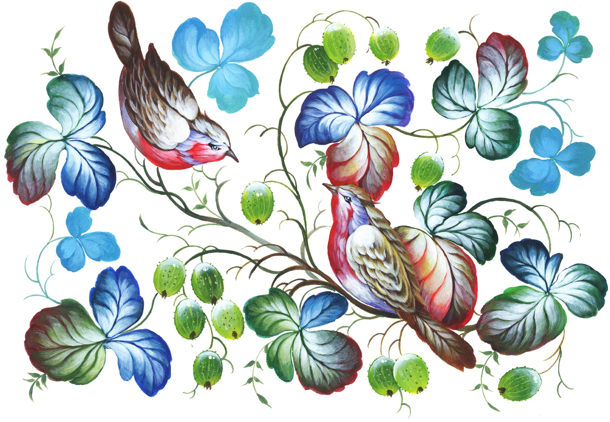 Large Decoupage Paper for Furniture - Decoupage Art - Rice Paper for Decoupage - Birds & Leafs - Blue Green Decoupage