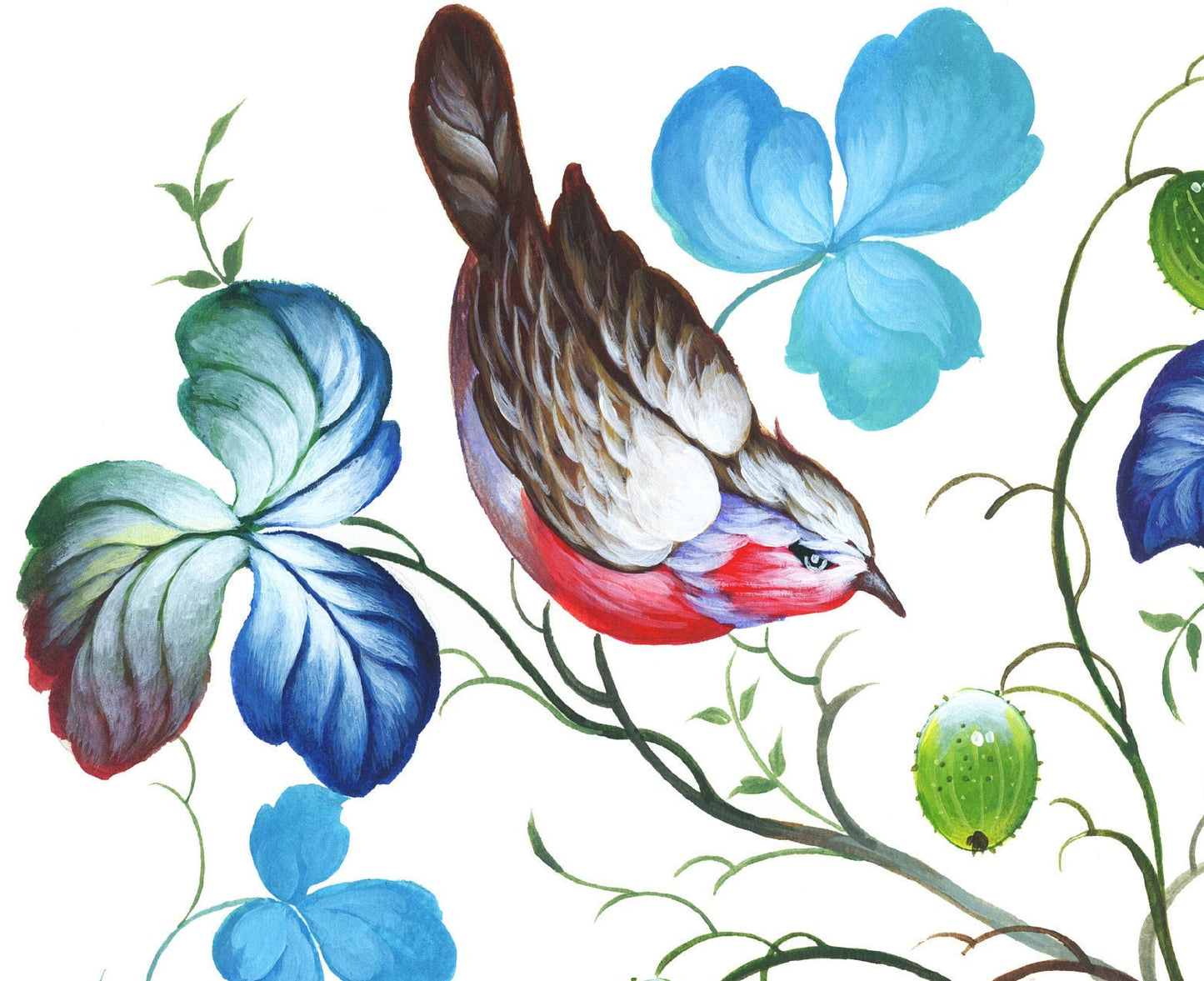 Large Decoupage Paper for Furniture - Decoupage Art - Rice Paper for Decoupage - Birds & Leafs - Blue Green Decoupage