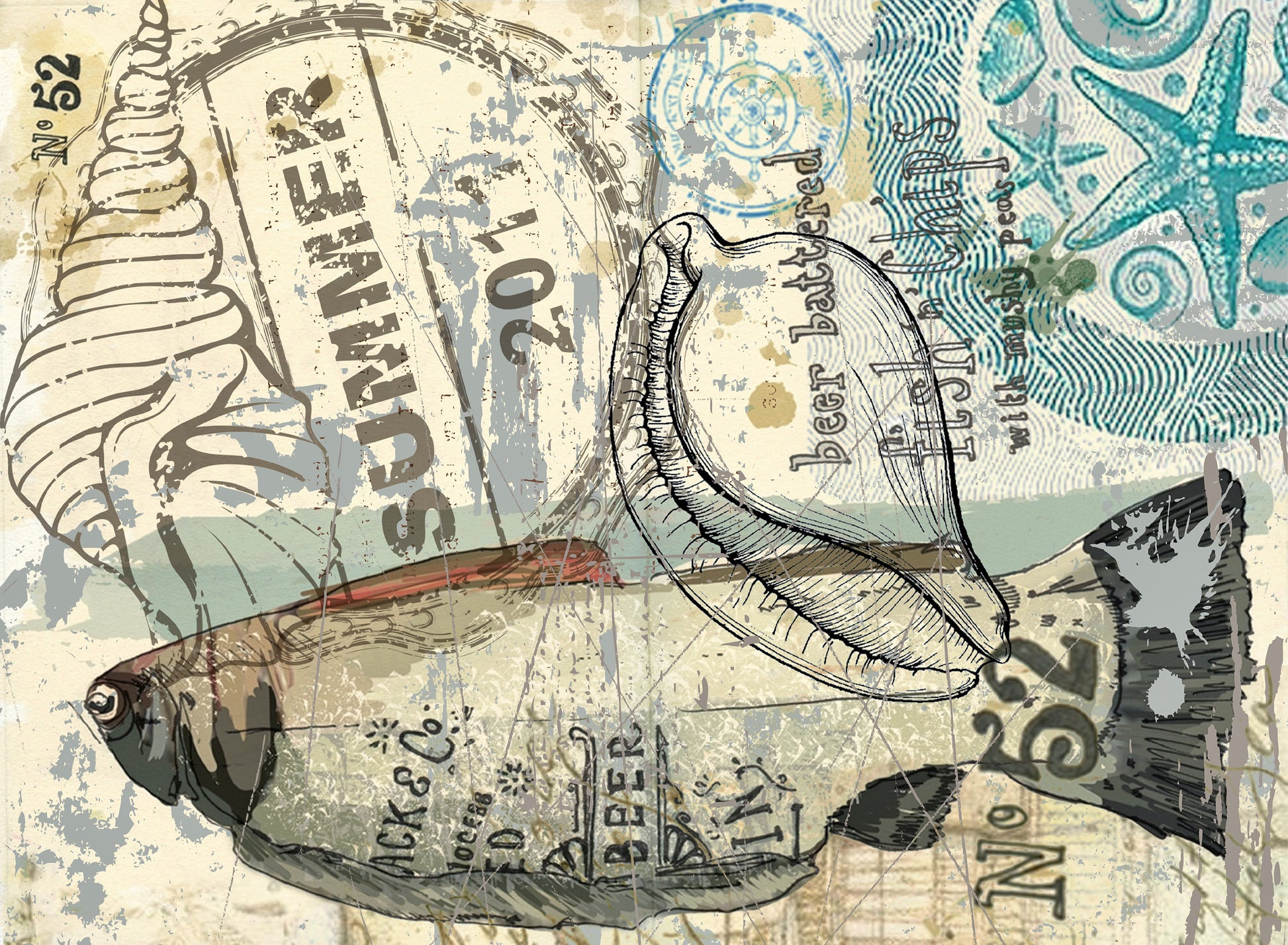 Large Decoupage Paper - Decoupage Art - Rice Paper for Decoupage - Green Fish Summer