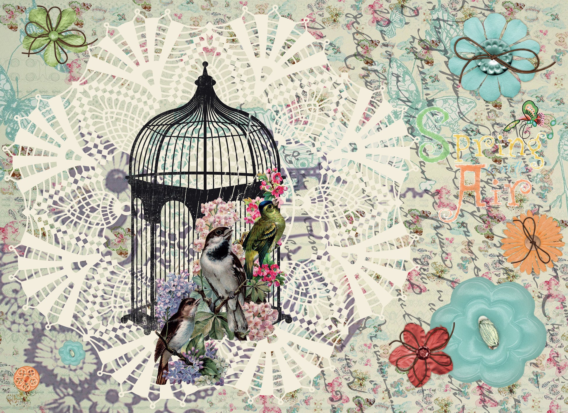 Large Decoupage Paper - Decoupage Art - Rice Paper for Decoupage - Black Bird Nest Blue Orange Flowers