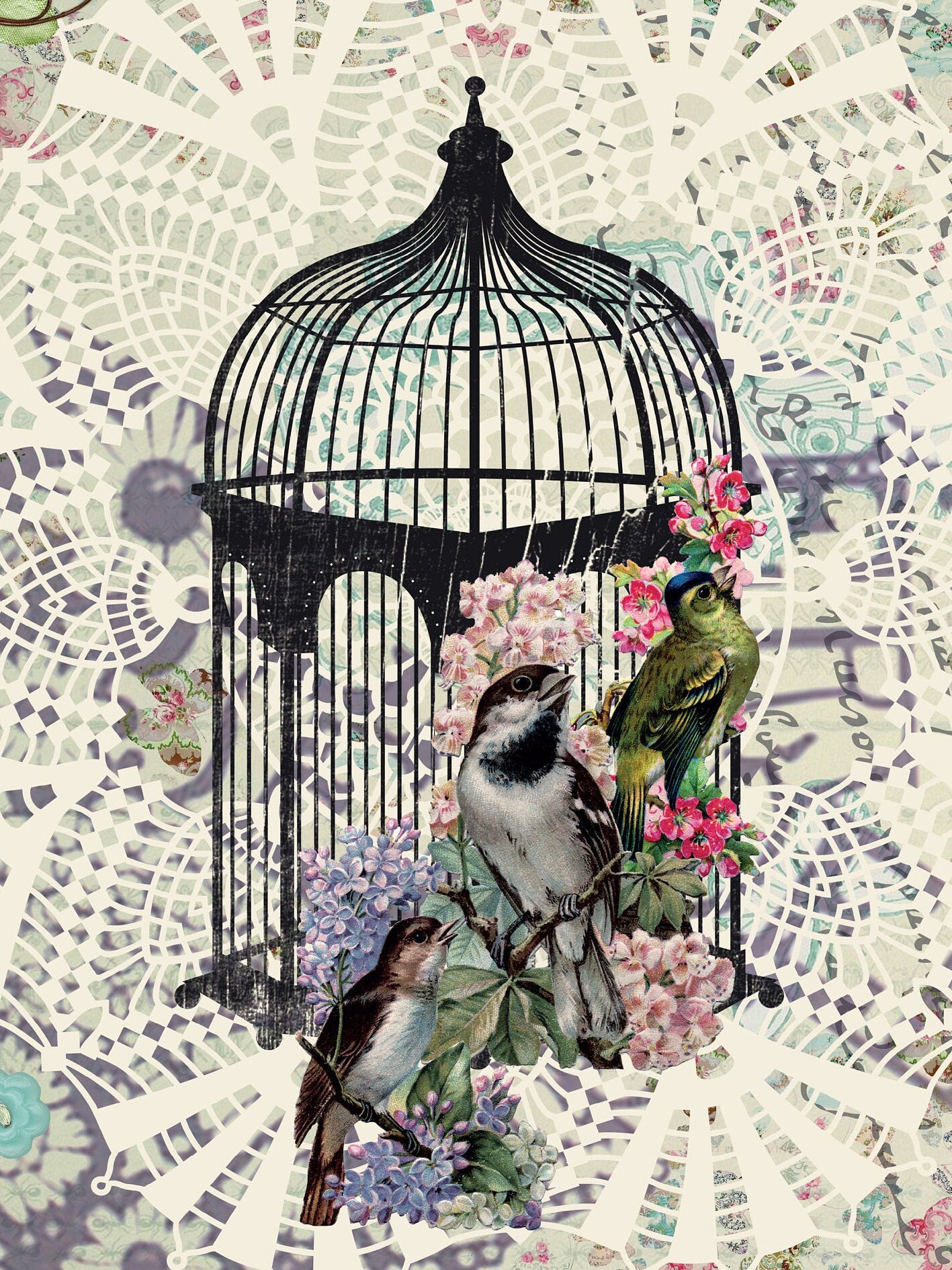 Large Decoupage Paper - Decoupage Art - Rice Paper for Decoupage - Black Bird Nest Blue Orange Flowers