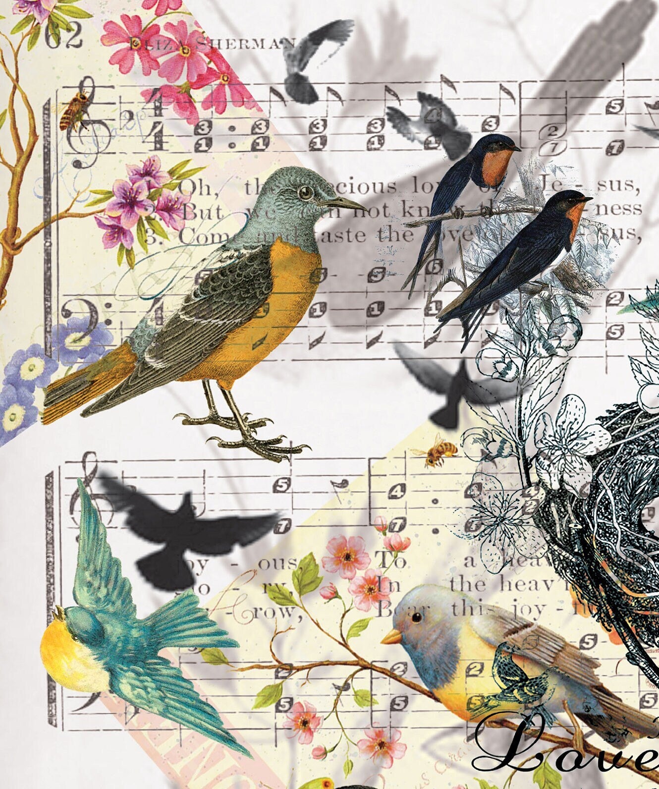 Large Decoupage Paper - Decoupage Art - Rice Paper for Decoupage - Black Blue Orange Green Birds