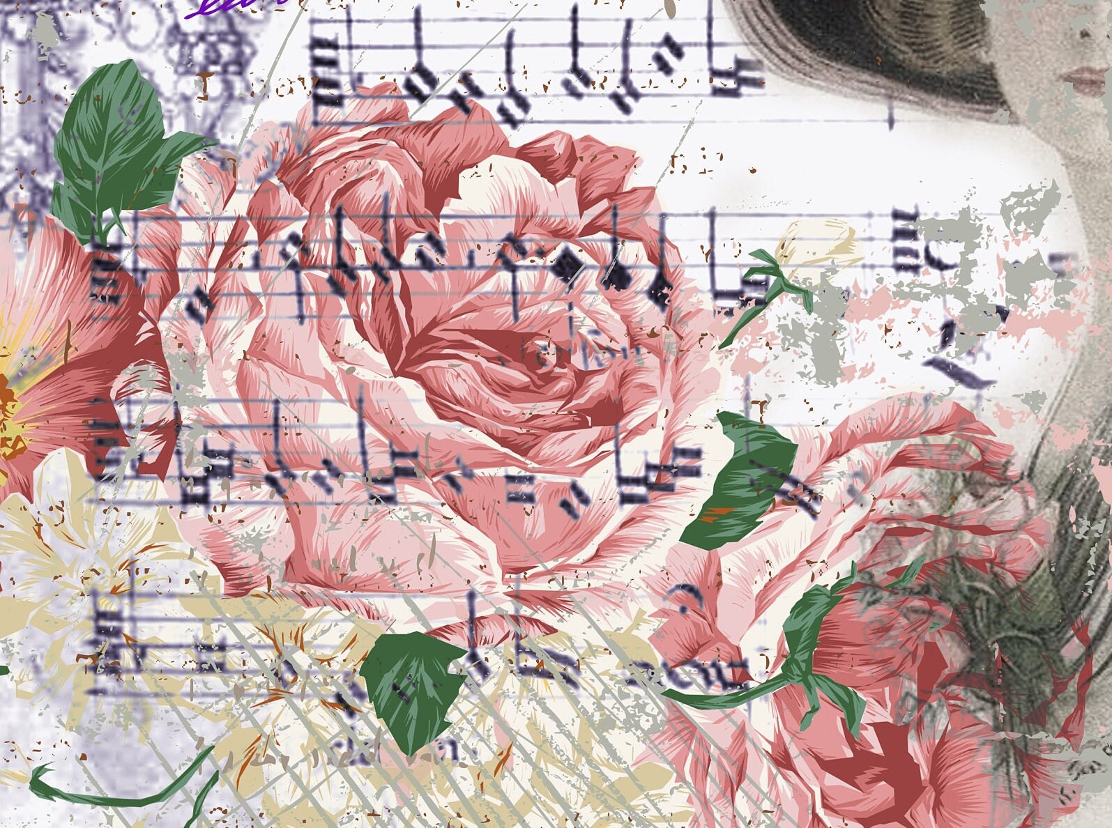 Large Decoupage Paper - Decoupage Art - Rice Paper for Decoupage - Pink Roses Woman