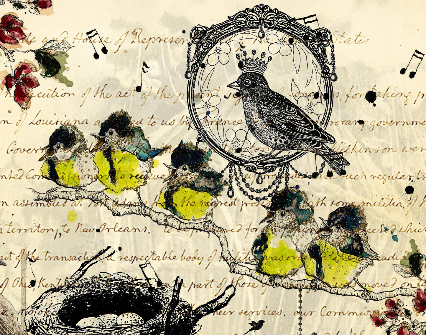 Large Decoupage Paper - Decoupage Art - Rice Paper for Decoupage - Vintage Decoupage - Baby Yellow Birds