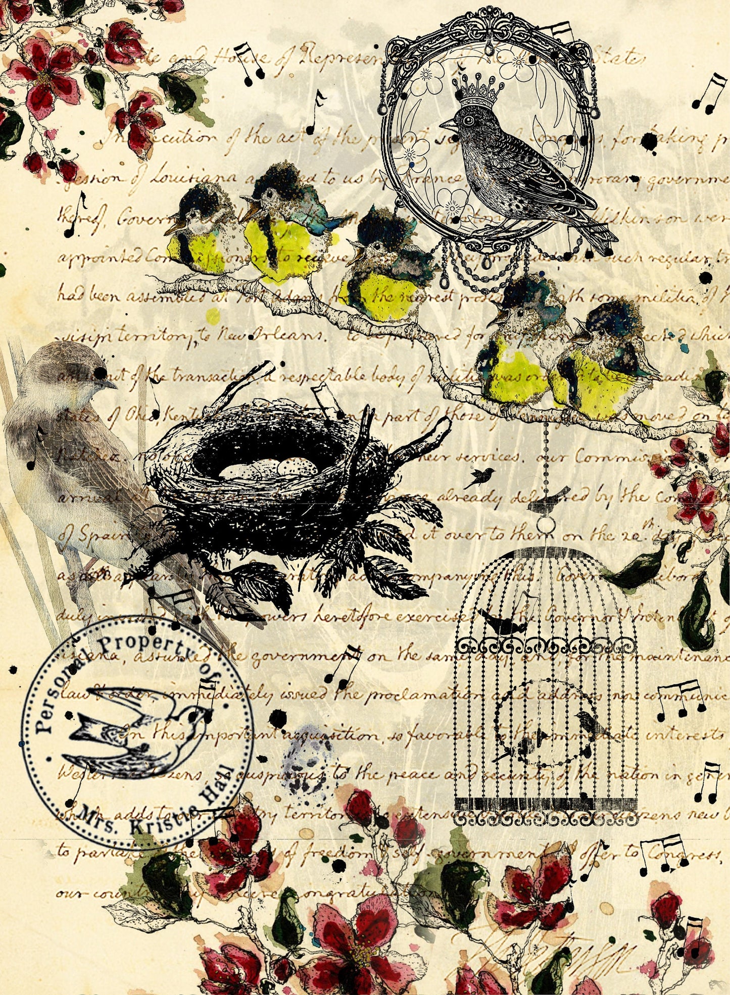 Large Decoupage Paper - Decoupage Art - Rice Paper for Decoupage - Vintage Decoupage - Baby Yellow Birds