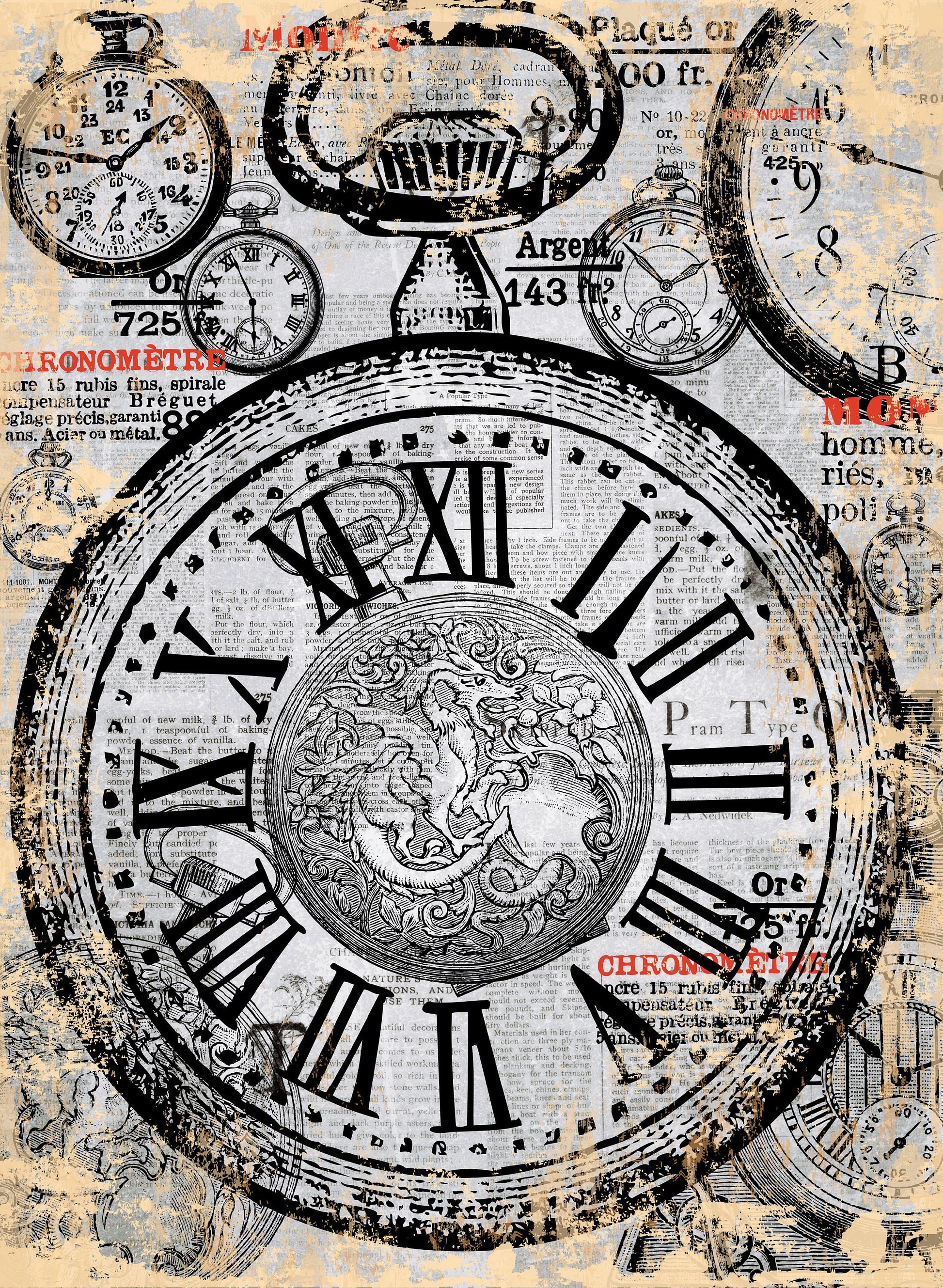 Large Decoupage Paper - Decoupage Art - Rice Paper for Decoupage - Vintage Decoupage - Old Clock
