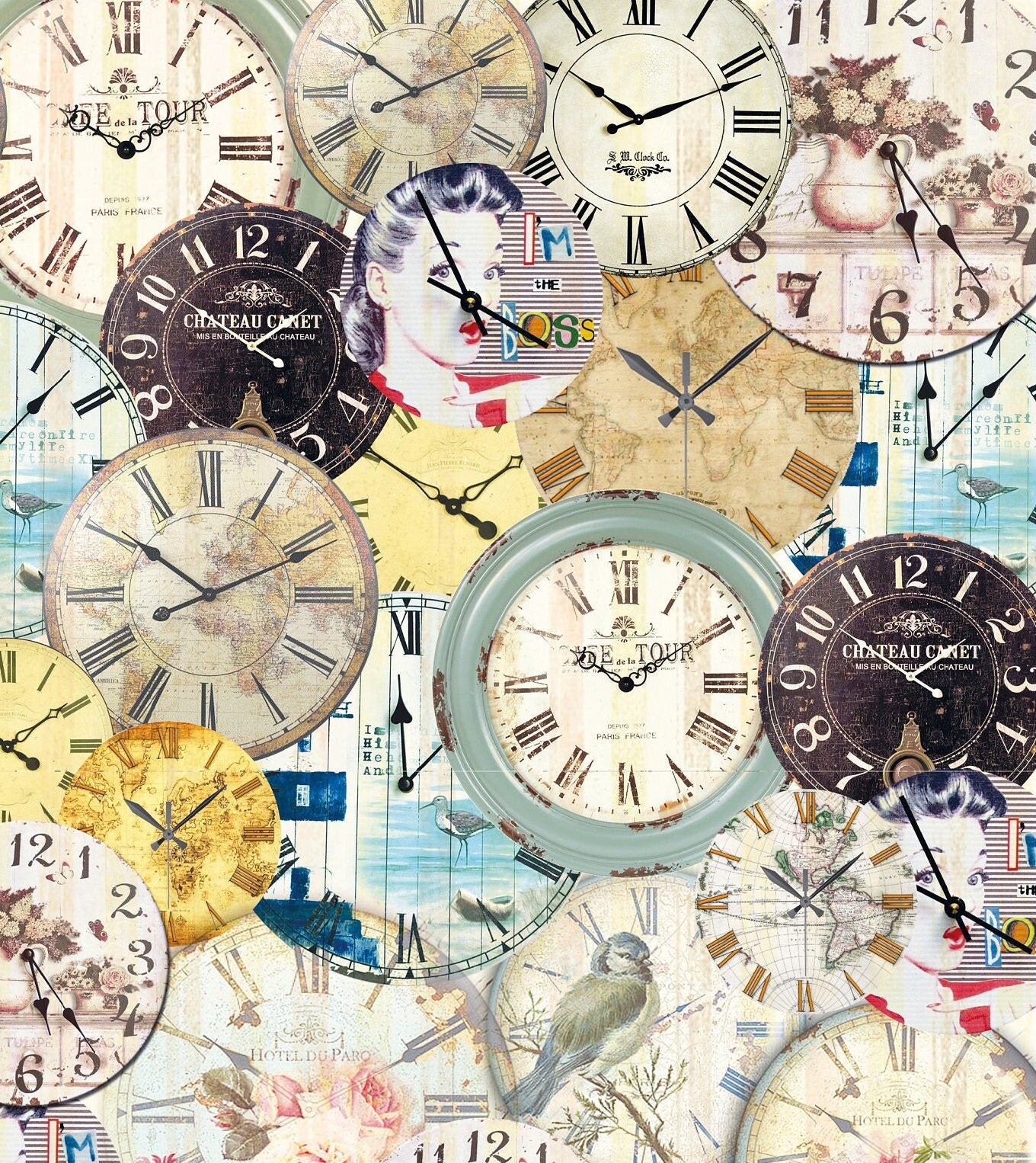 Large Decoupage Paper - Decoupage Art - Rice Paper for Decoupage - Vintage Decoupage - Old Clocks