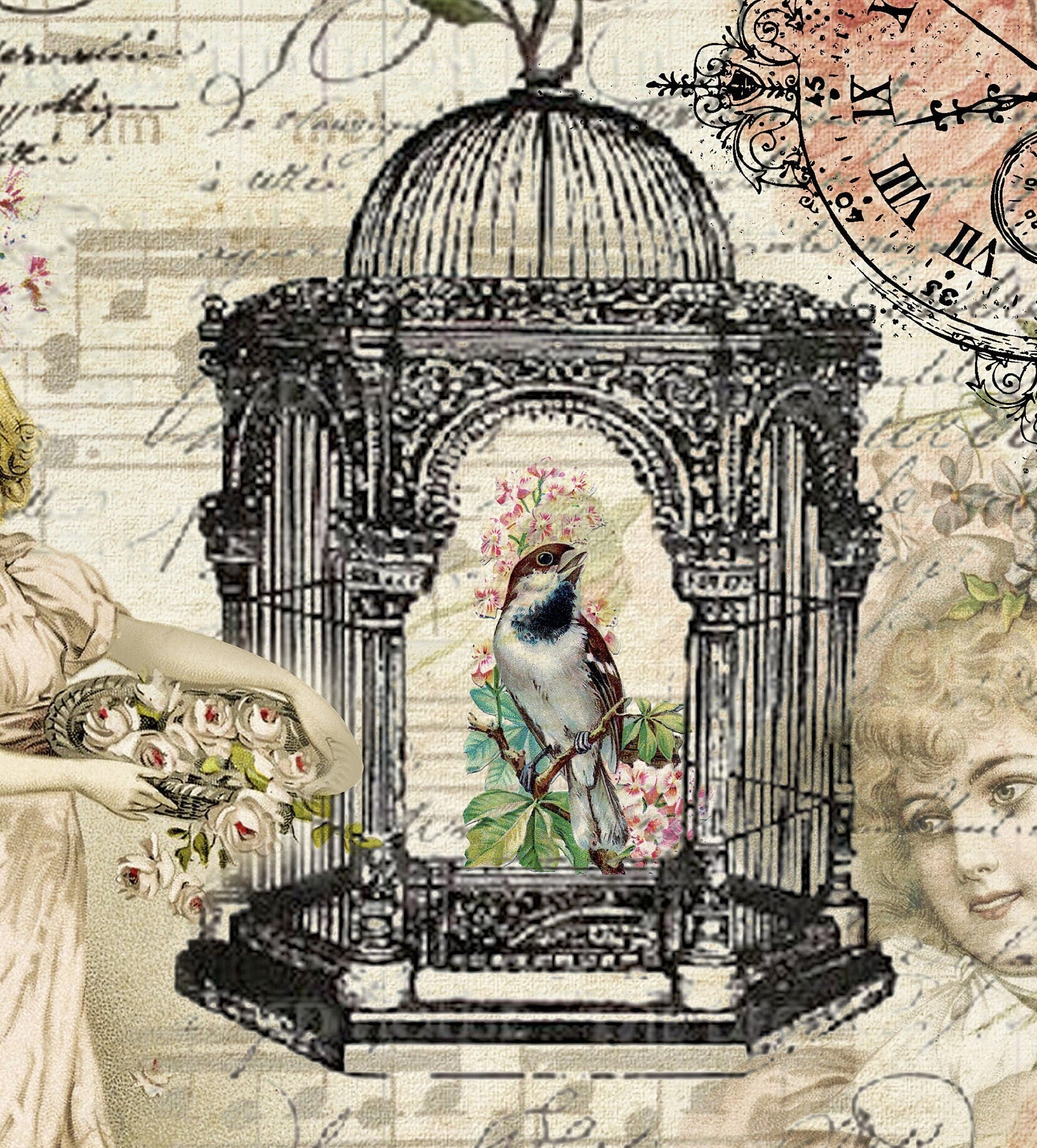 Large Decoupage Paper - Decoupage Art - Rice Paper for Decoupage - Vintage Decoupage - Little Girl Bird Nest