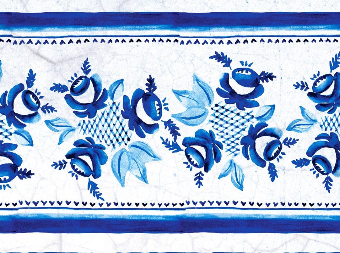 Large Decoupage Paper - Decoupage Art - Rice Paper for Decoupage - Vintage Decoupage - Blue Floral Bordure