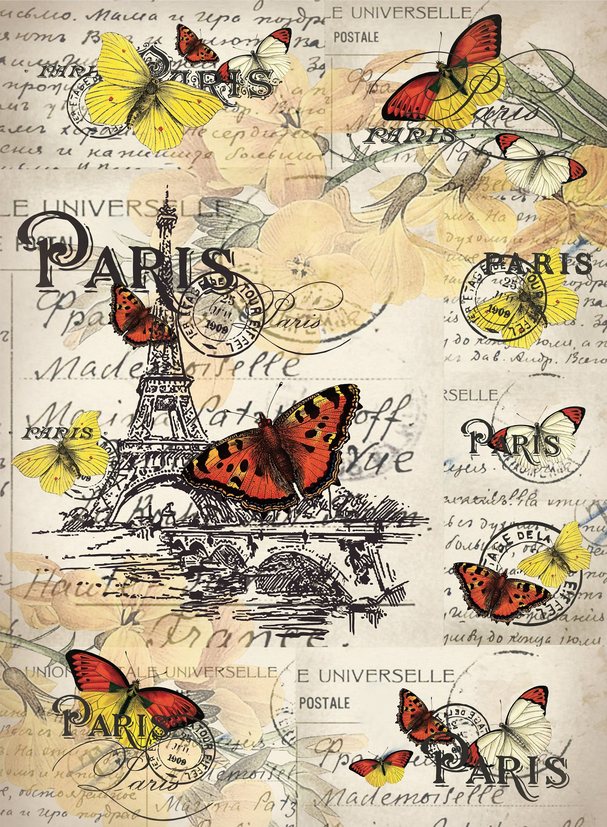 Large Decoupage Paper - Decoupage Art - Rice Paper for Decoupage - Vintage Decoupage - Butterfly Paris