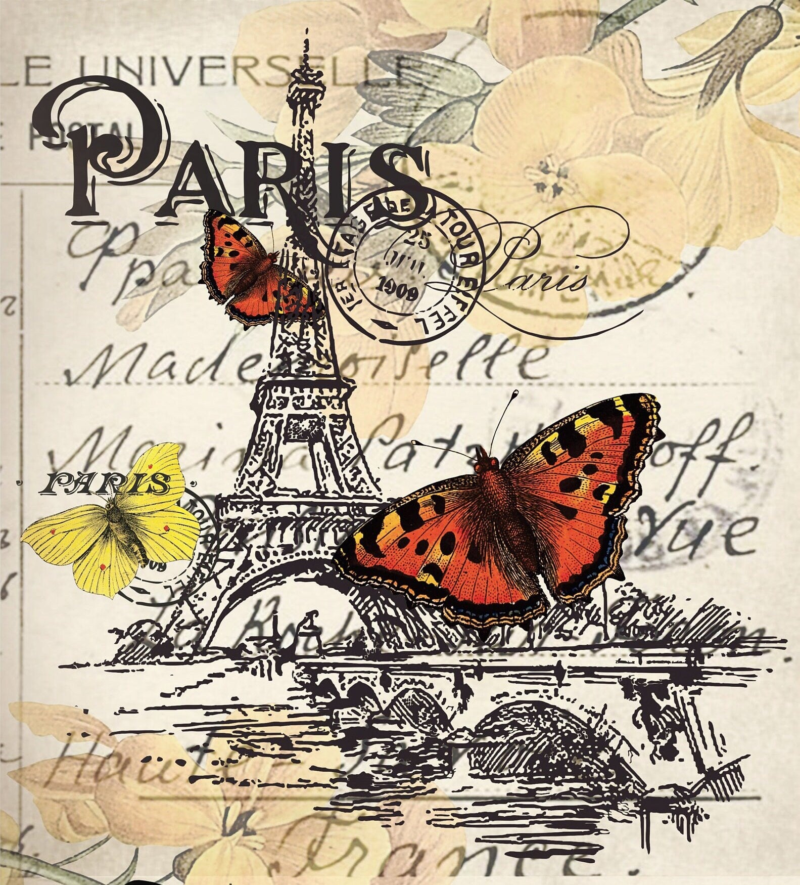 Large Decoupage Paper - Decoupage Art - Rice Paper for Decoupage - Vintage Decoupage - Butterfly Paris