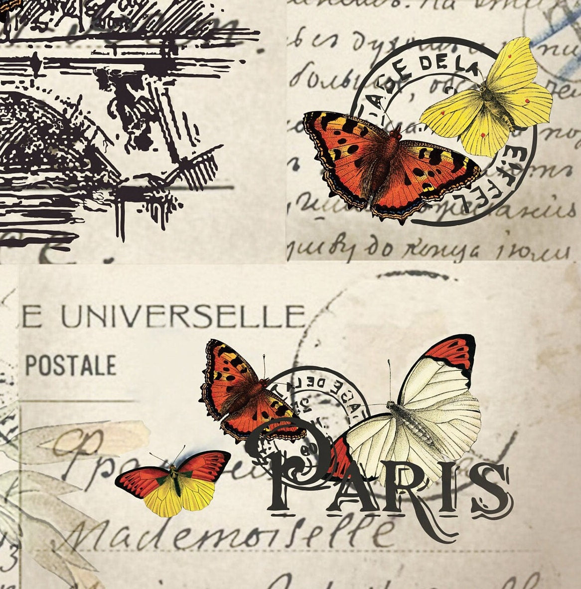 Large Decoupage Paper - Decoupage Art - Rice Paper for Decoupage - Vintage Decoupage - Butterfly Paris