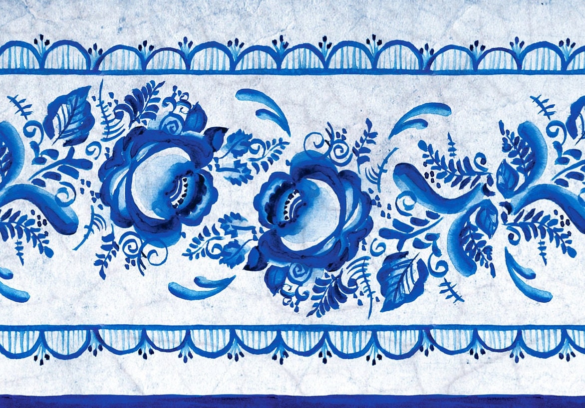 Large Decoupage Paper - Decoupage Art - Rice Paper for Decoupage - Vintage Decoupage - Blue Floral Bordure