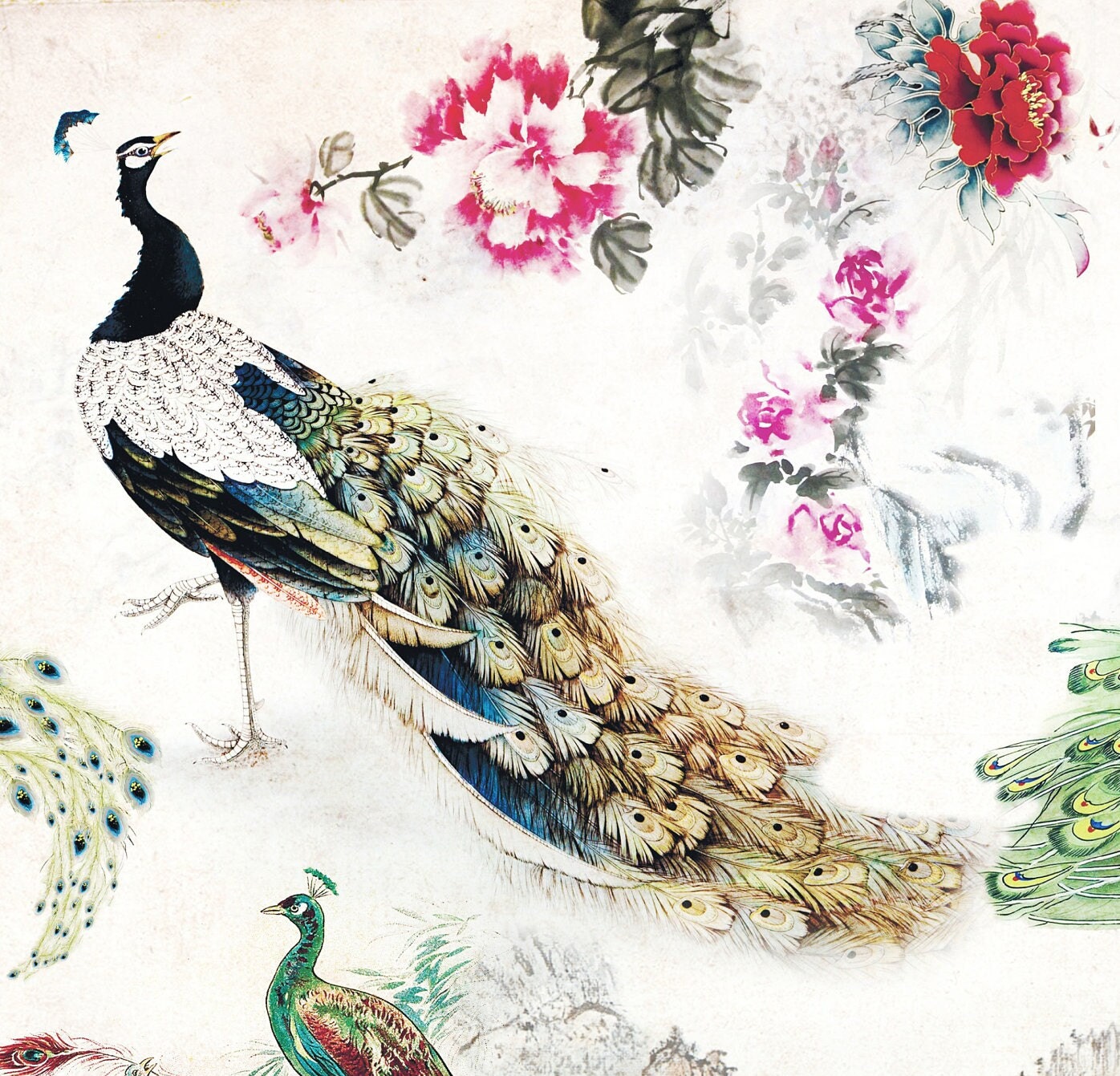 Large Decoupage Paper - Decoupage Art - Rice Paper for Decoupage - Vintage Decoupage - Peacock