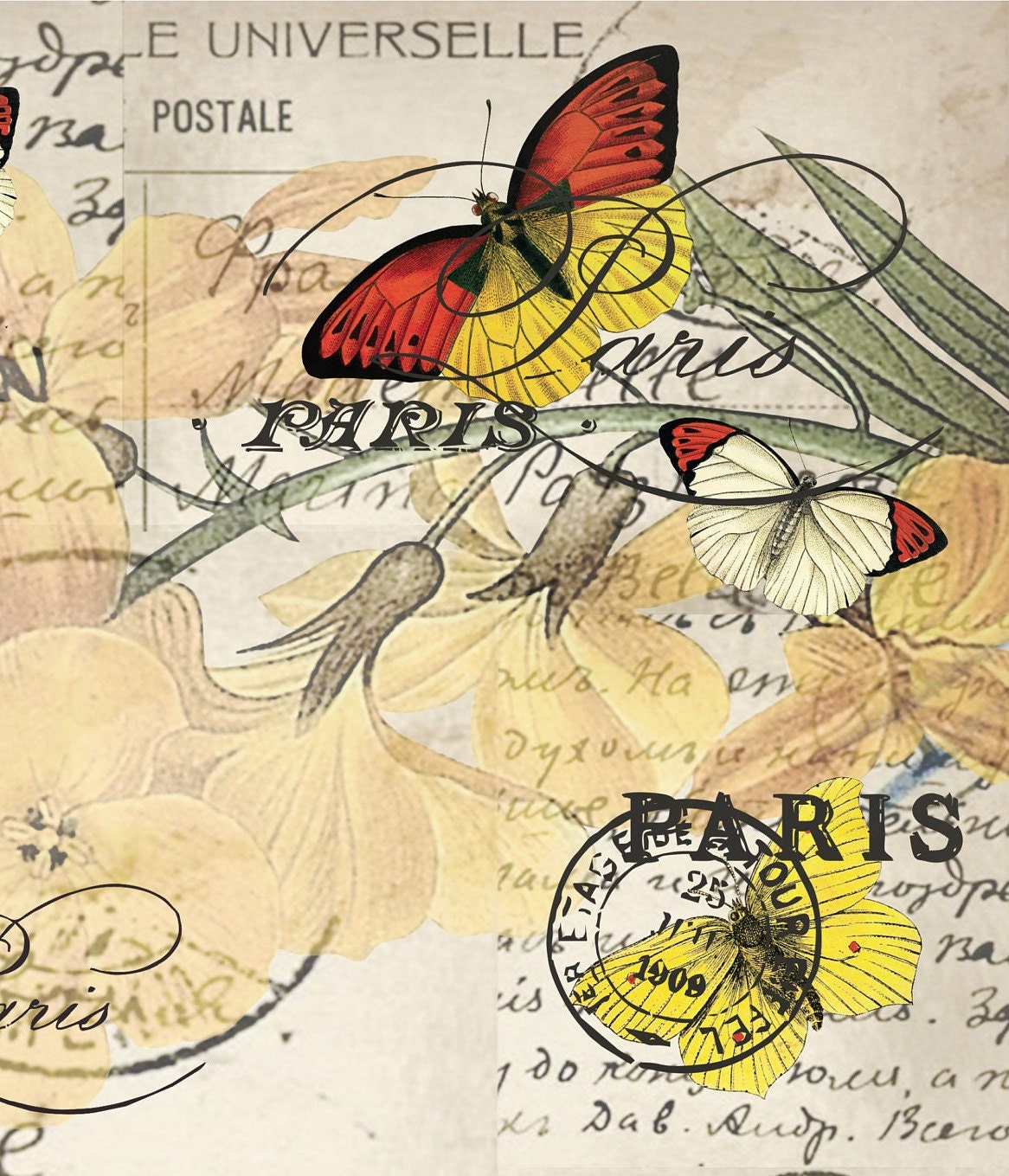 Large Decoupage Paper - Decoupage Art - Rice Paper for Decoupage - Vintage Decoupage - Butterfly Paris