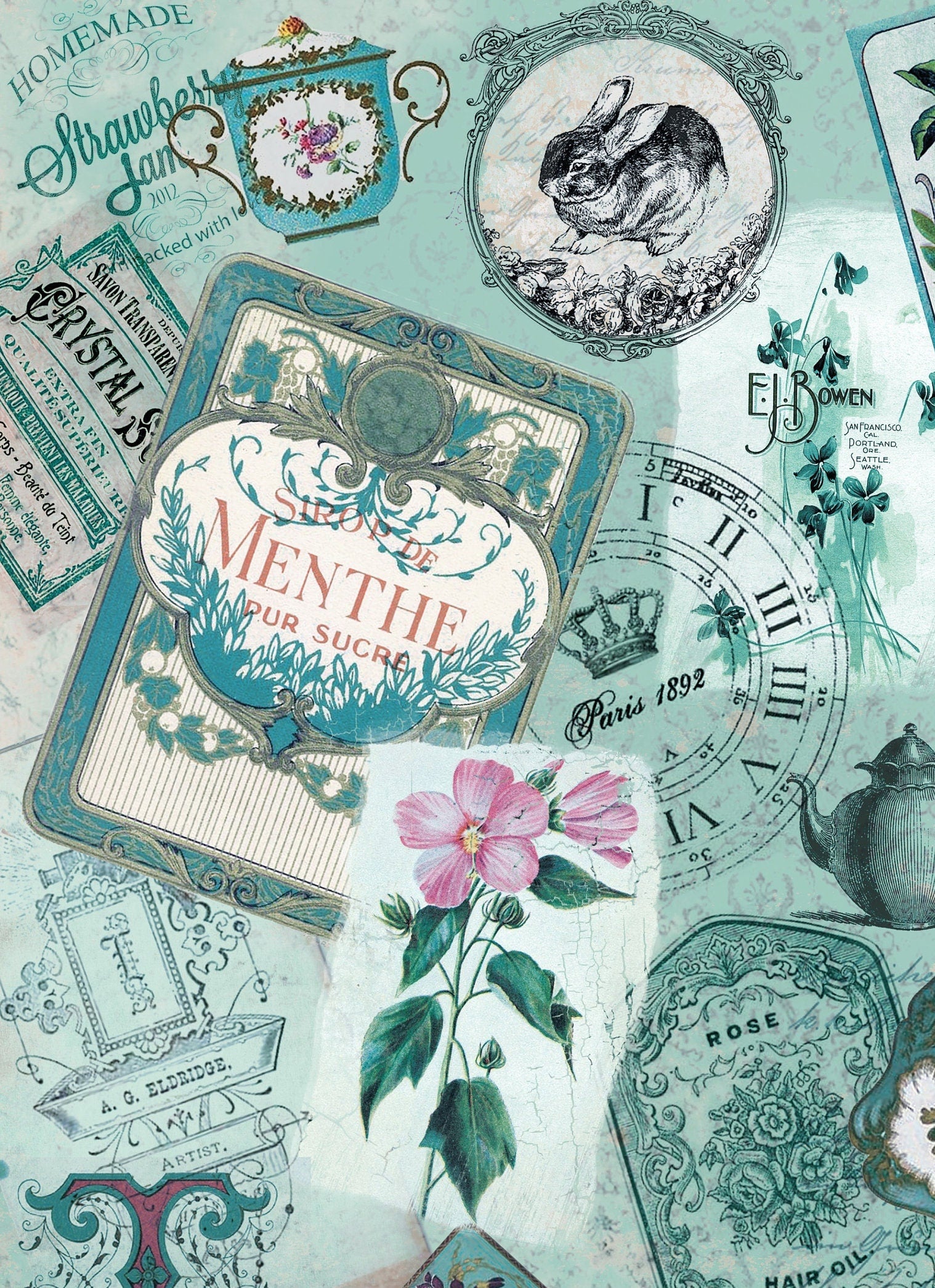 Large Decoupage Paper - Decoupage Art - Rice Paper for Decoupage - Vintage Decoupage - Green Cage Rose